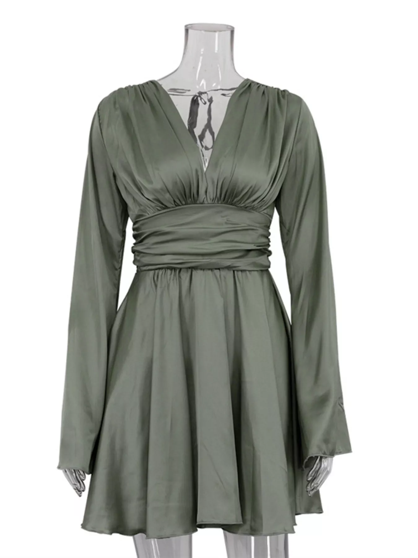 V-Neck Satin Mini Dress with Flowy Sleeves - Image 5