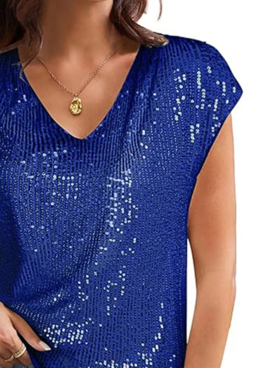 V-Neck Sequin Cap Sleeve Top - Image 9