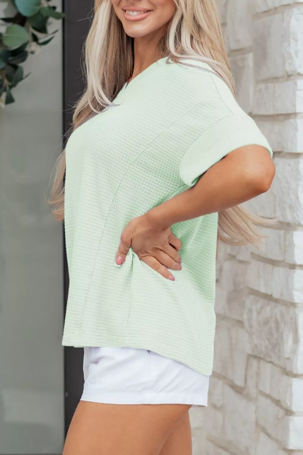 V Neck Short Sleeve Plus Size Waffle Knit Top - Image 12
