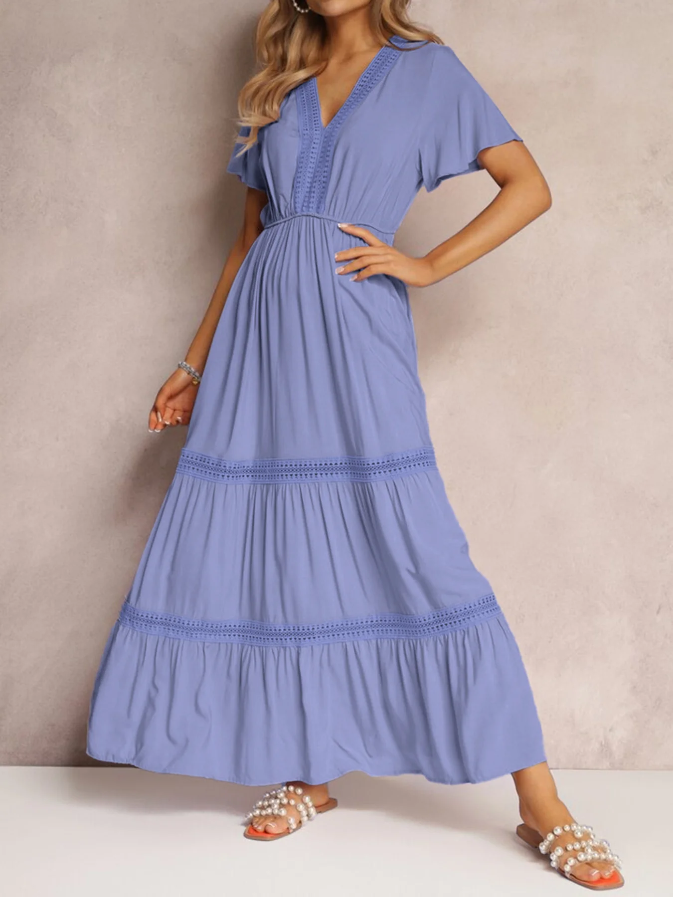 V-Neck Short Sleeve Tiered Maxi Dress - Image 2