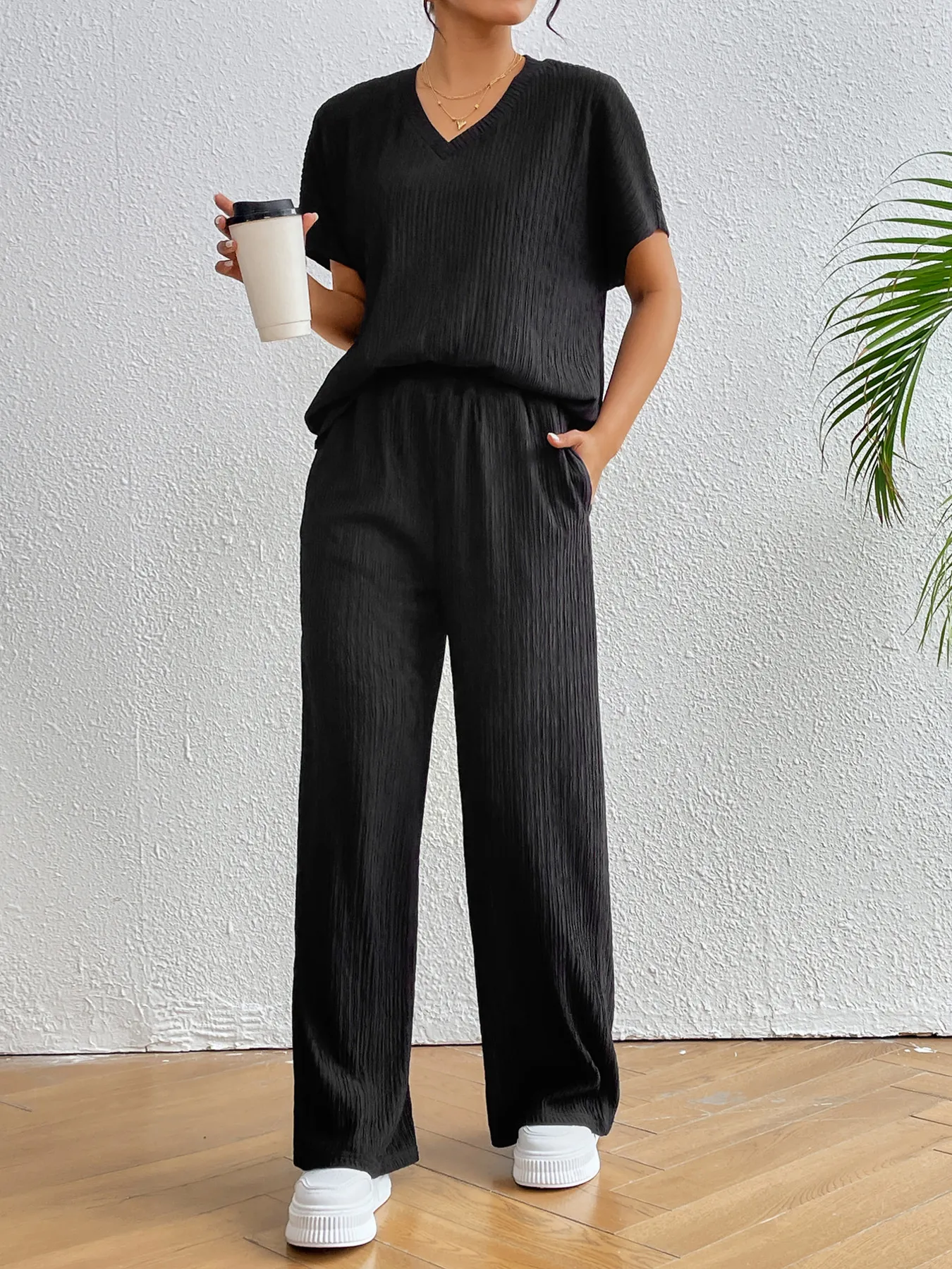 V-Neck Short Sleeve Top and Pants Set - Image 2