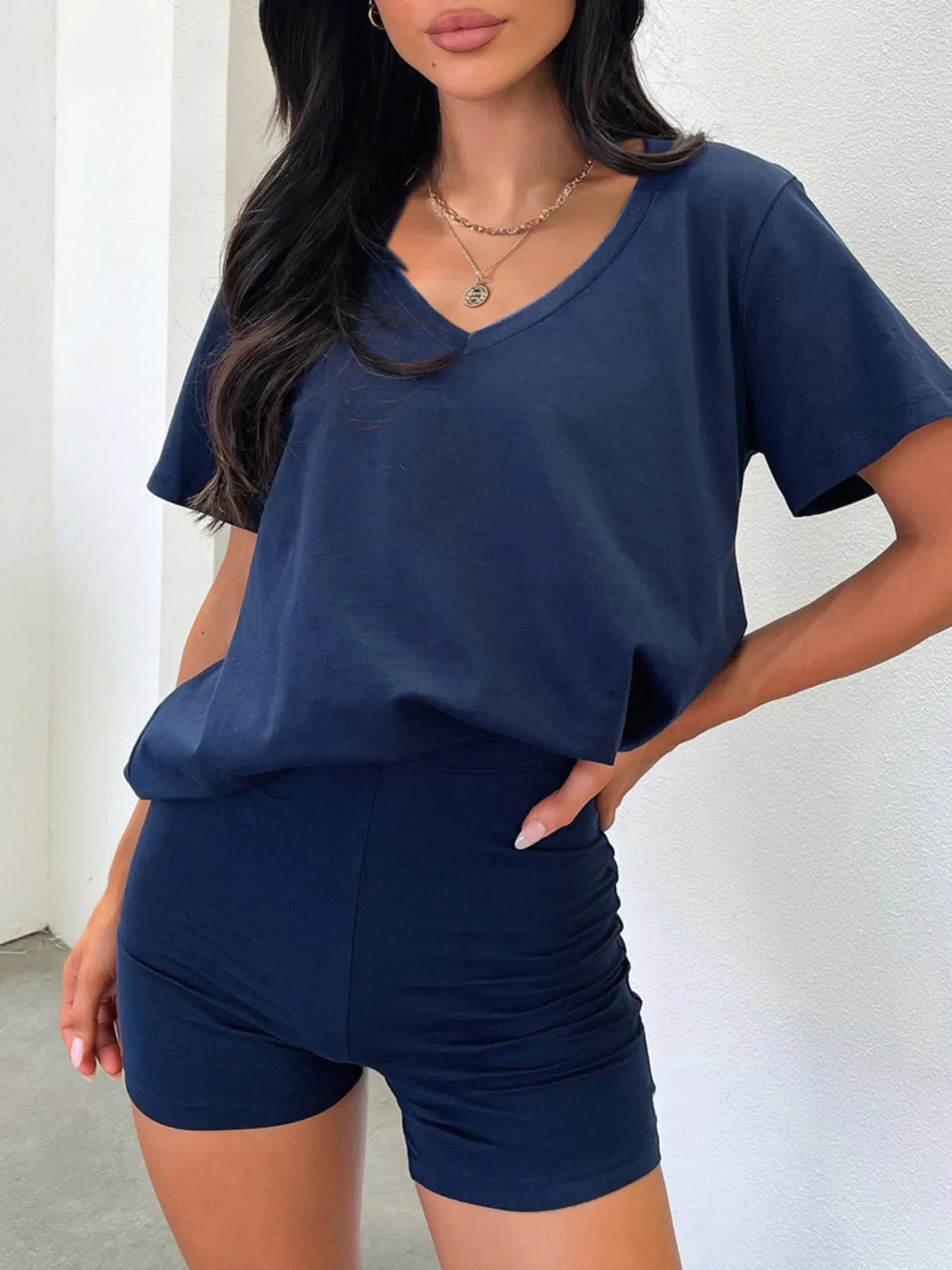 V-Neck Short Sleeve Top and Shorts Set - Image 3