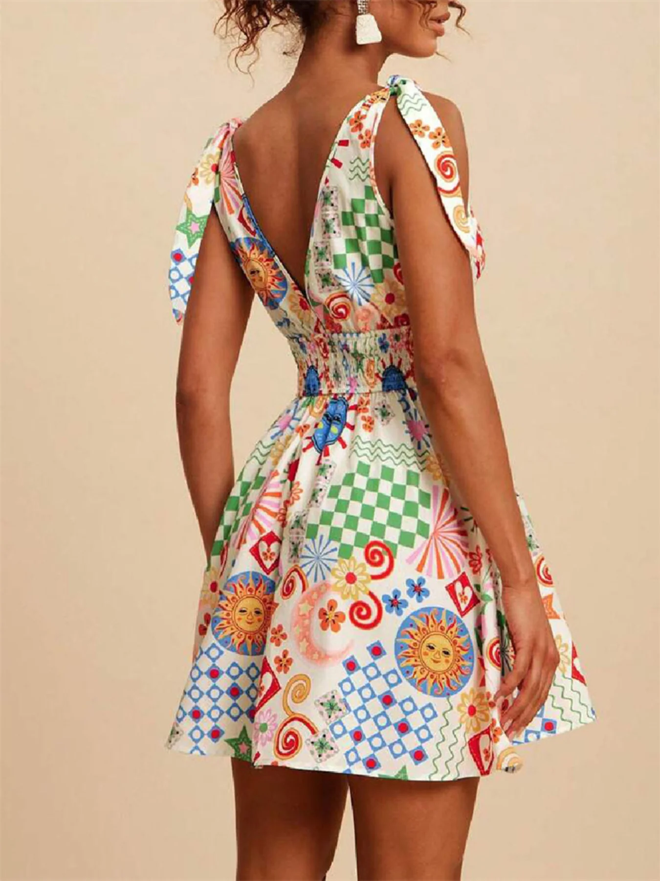 V-Neck Sleeveless Smocked Waist Printed Mini Dress - Image 4