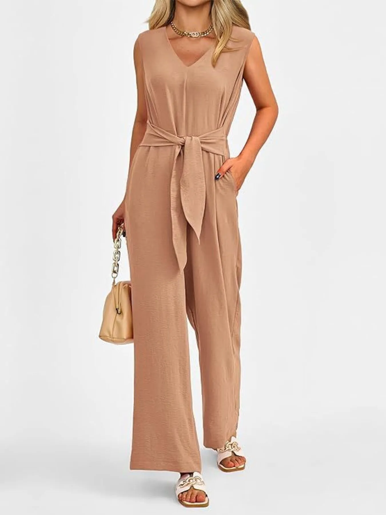 V-Neck Sleeveless Wide-Leg Jumpsuit with Waist Tie - Image 10