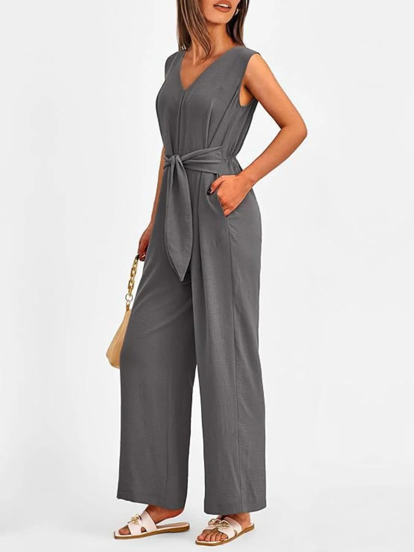 V-Neck Sleeveless Wide-Leg Jumpsuit with Waist Tie - Image 21