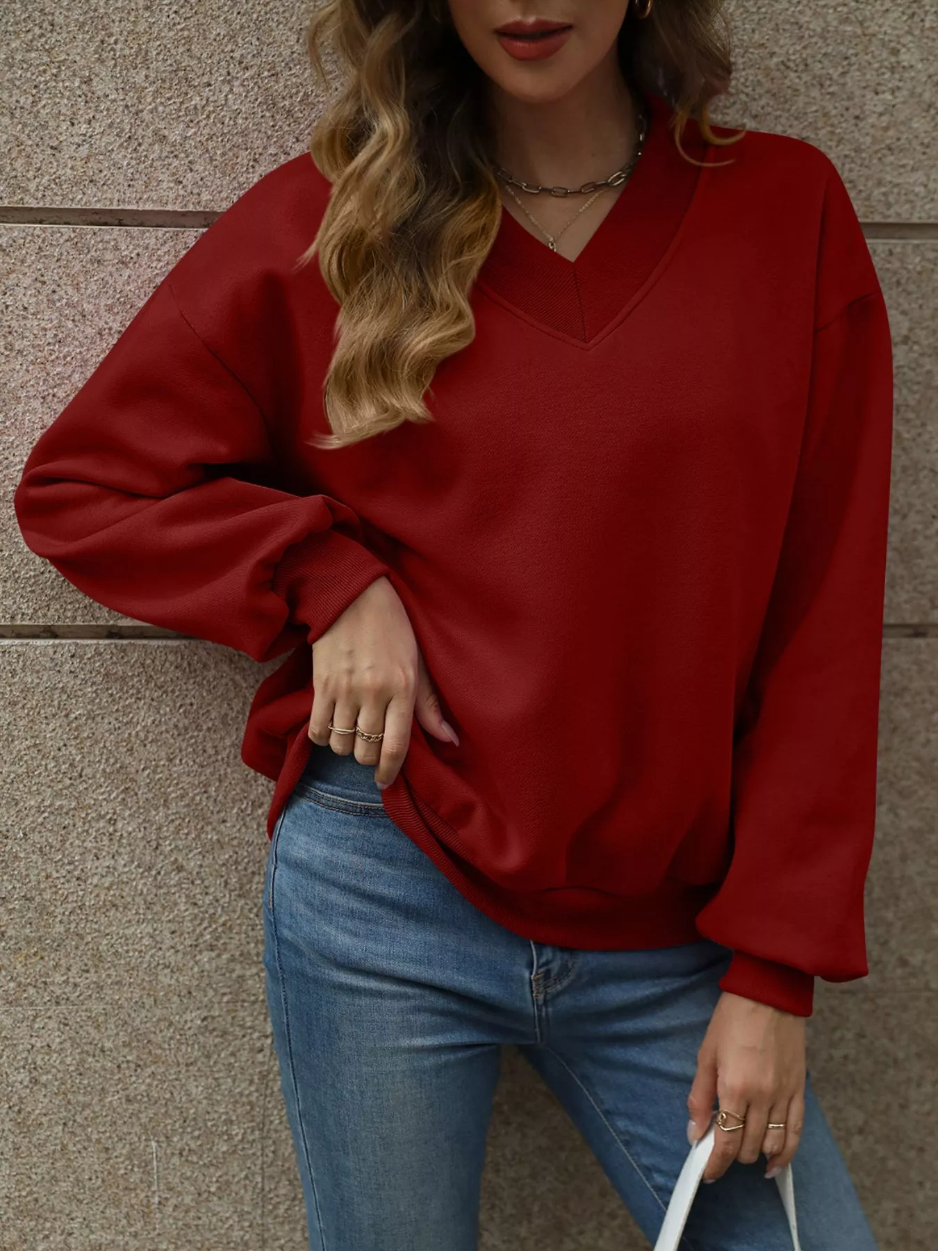 V-Neck Solid Color Casual Sweatshirt - Image 18