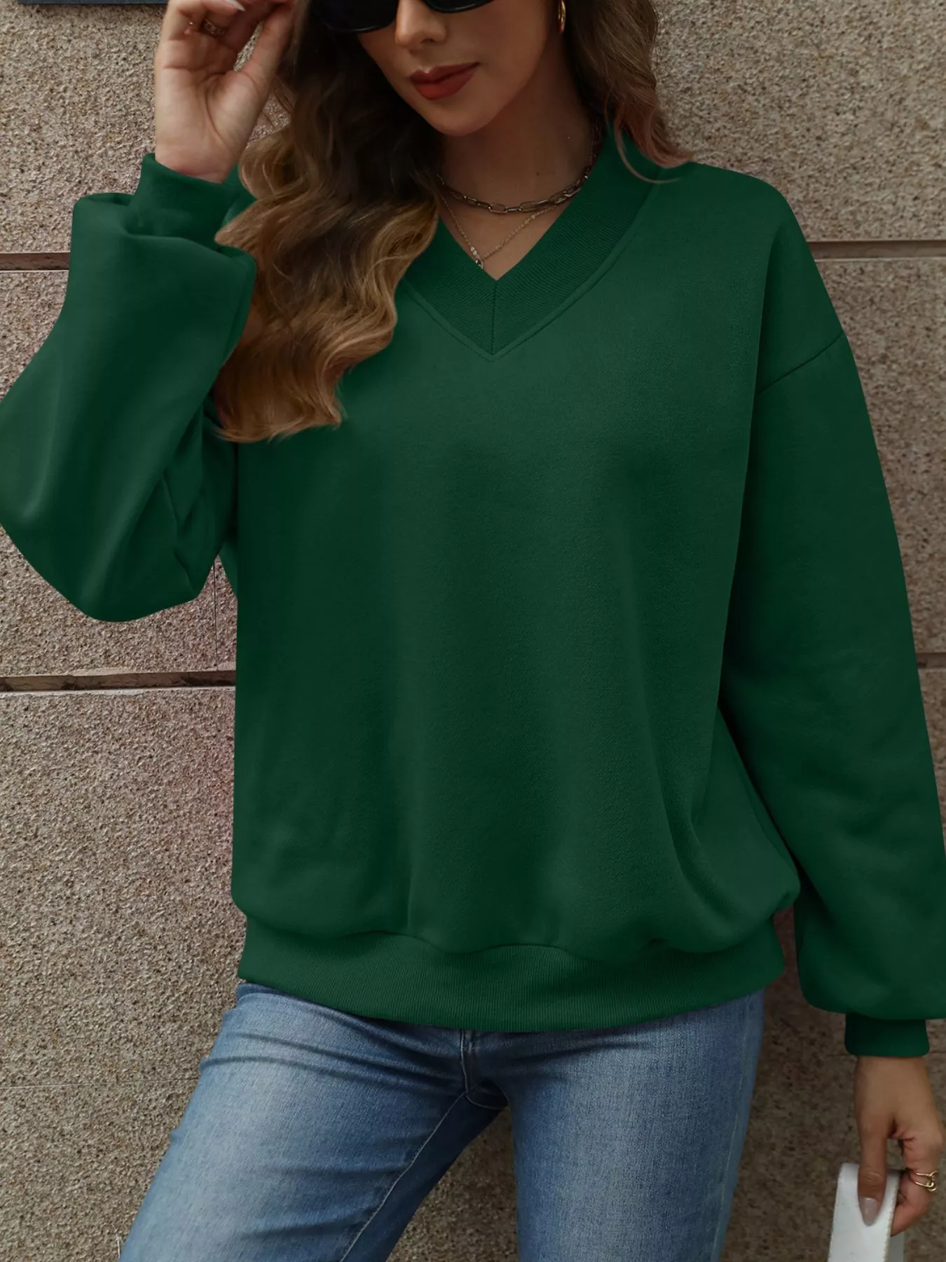 V-Neck Solid Color Casual Sweatshirt - Image 30