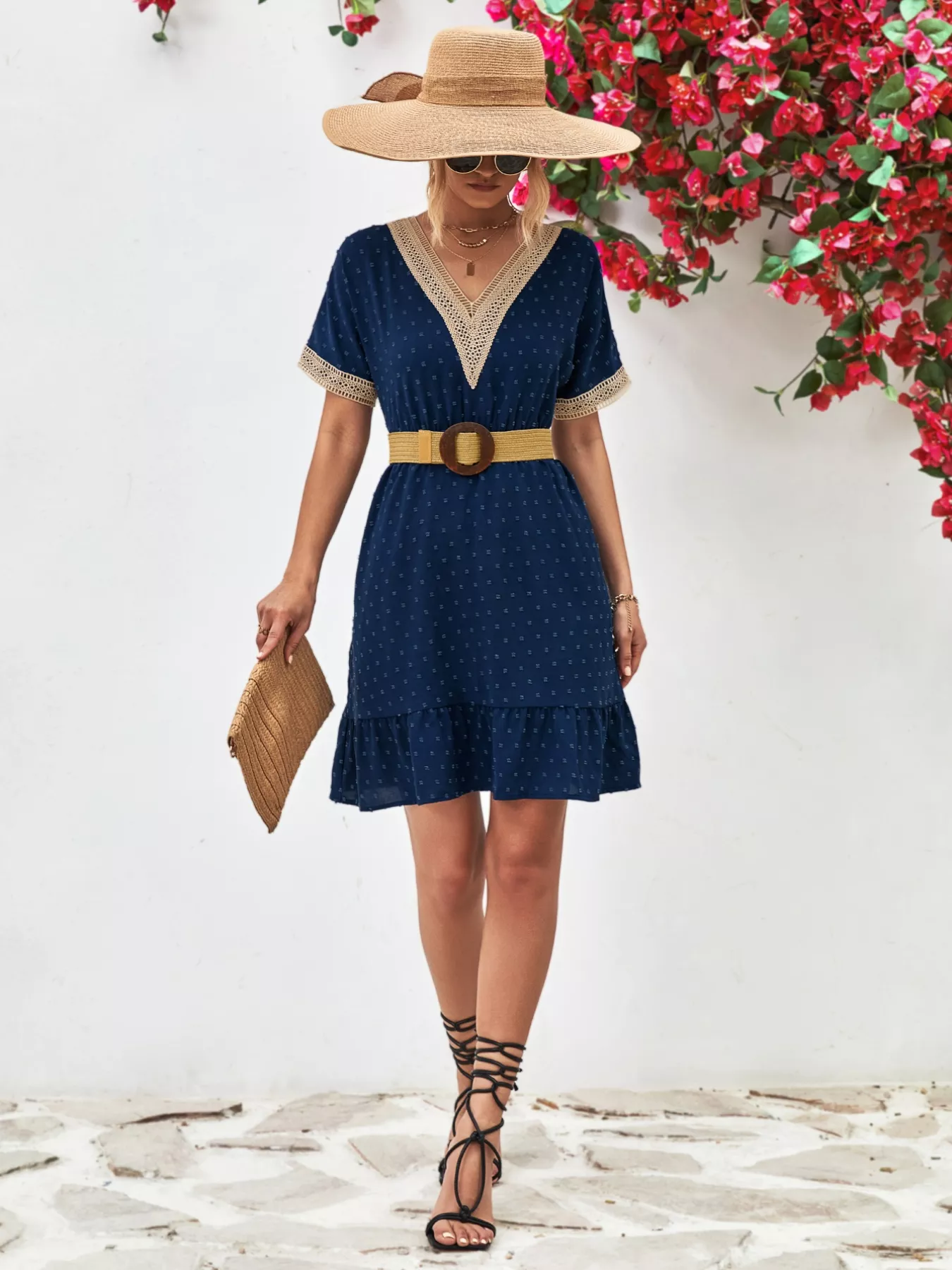 V-Neck Swiss Dot Ruffle Hem Mini Dress - Image 11