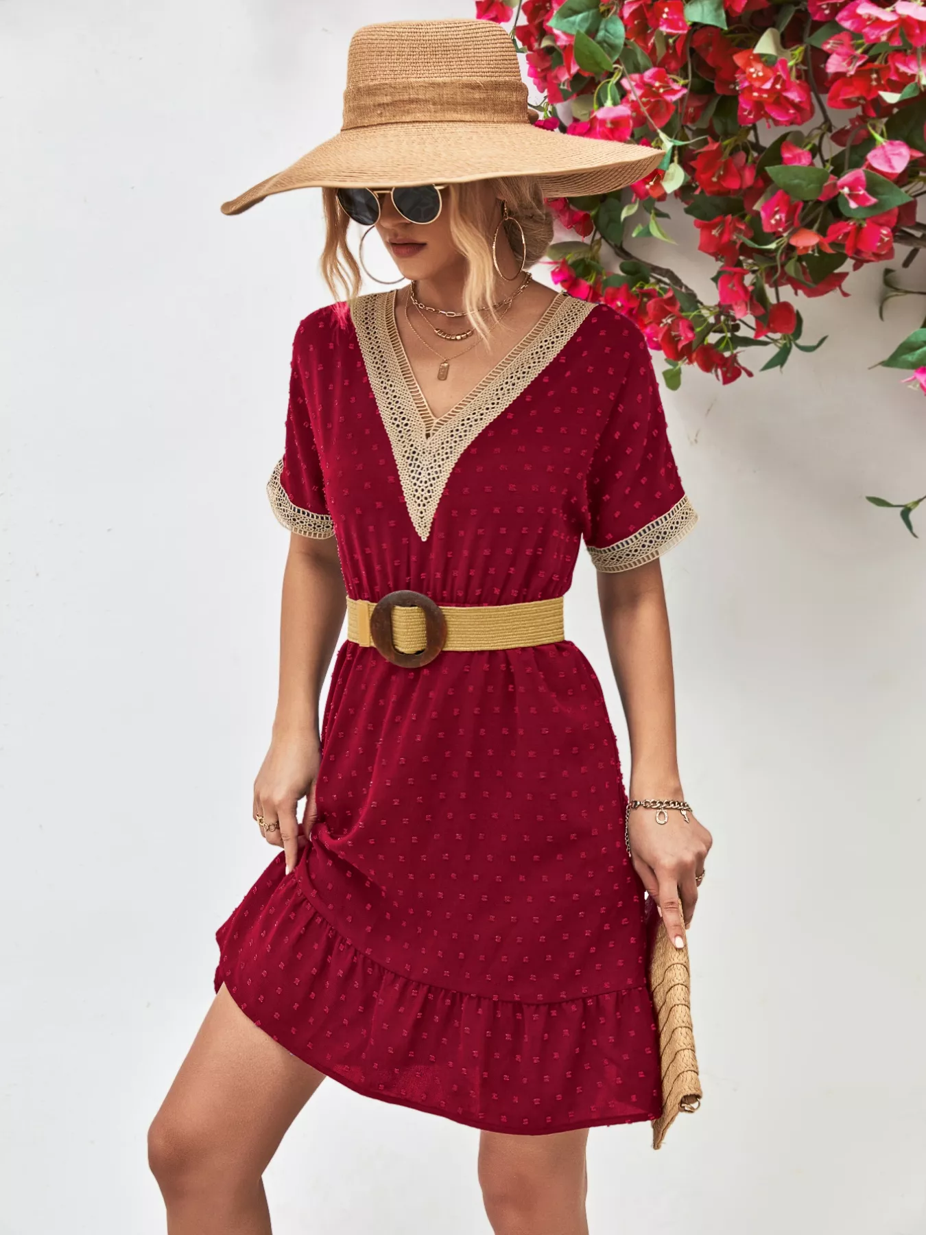 V-Neck Swiss Dot Ruffle Hem Mini Dress - Image 6