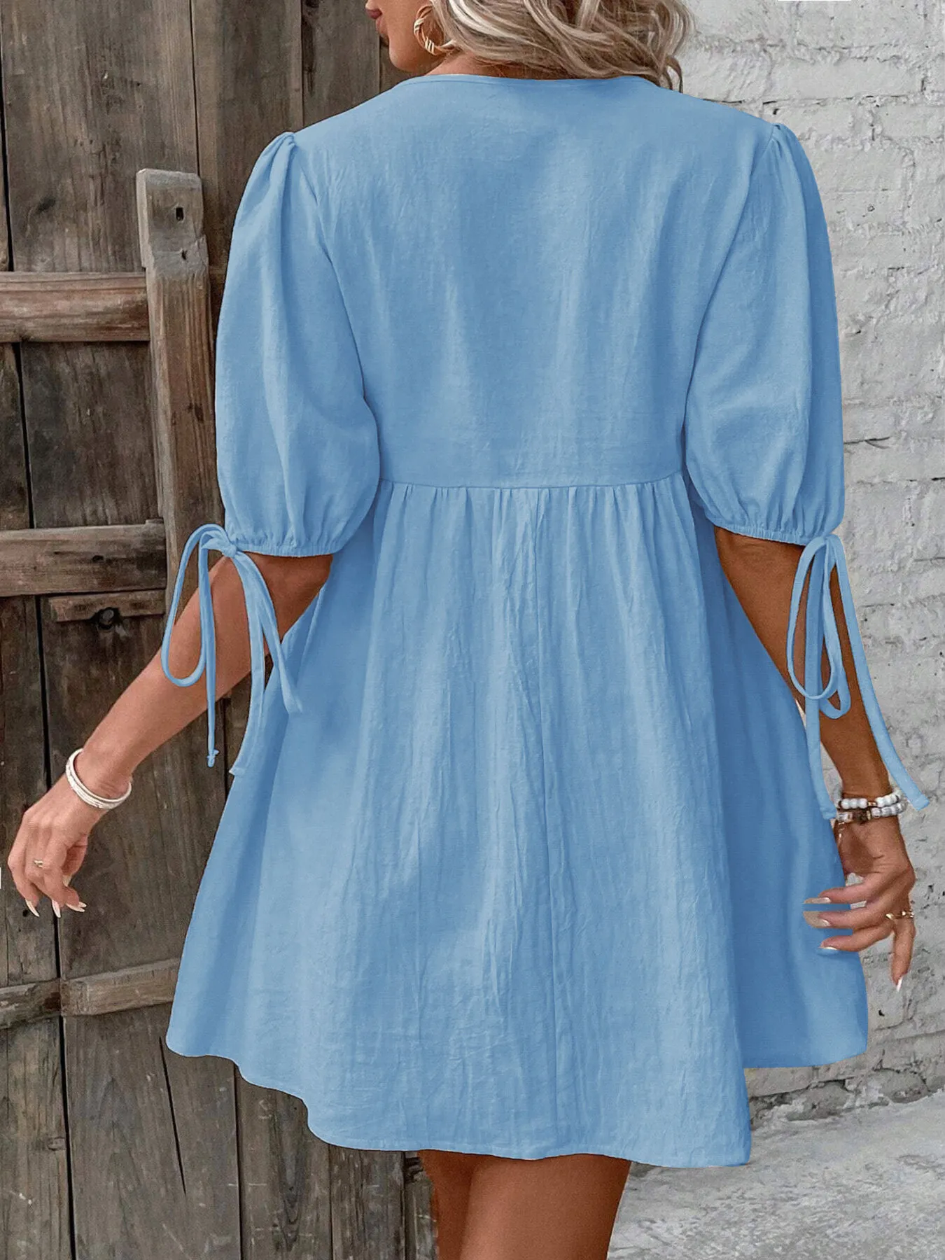 V-Neck Tie-Front Mini Dress with Puff Sleeves - Image 14