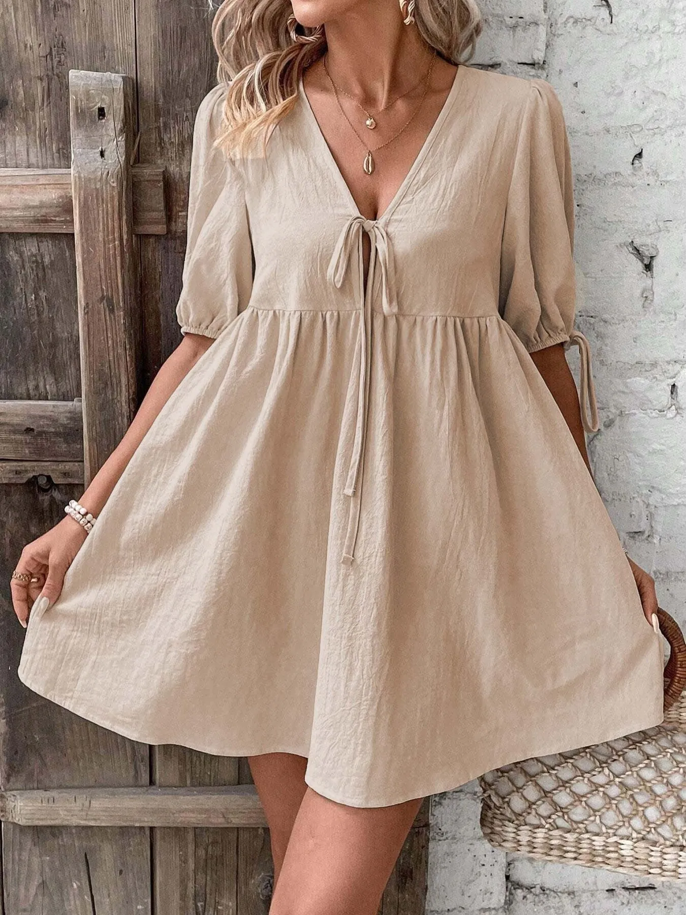 V-Neck Tie-Front Mini Dress with Puff Sleeves - Image 6