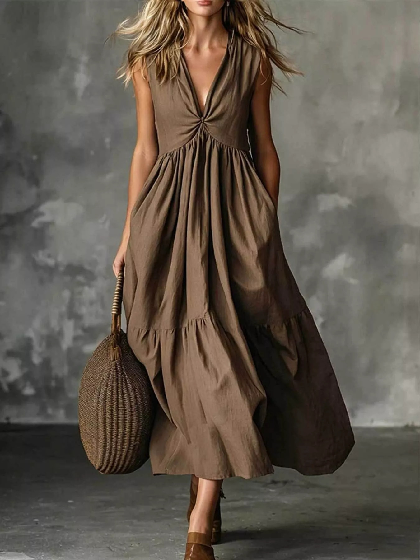 V-Neck Twisted Tiered Midi Dress - Image 3