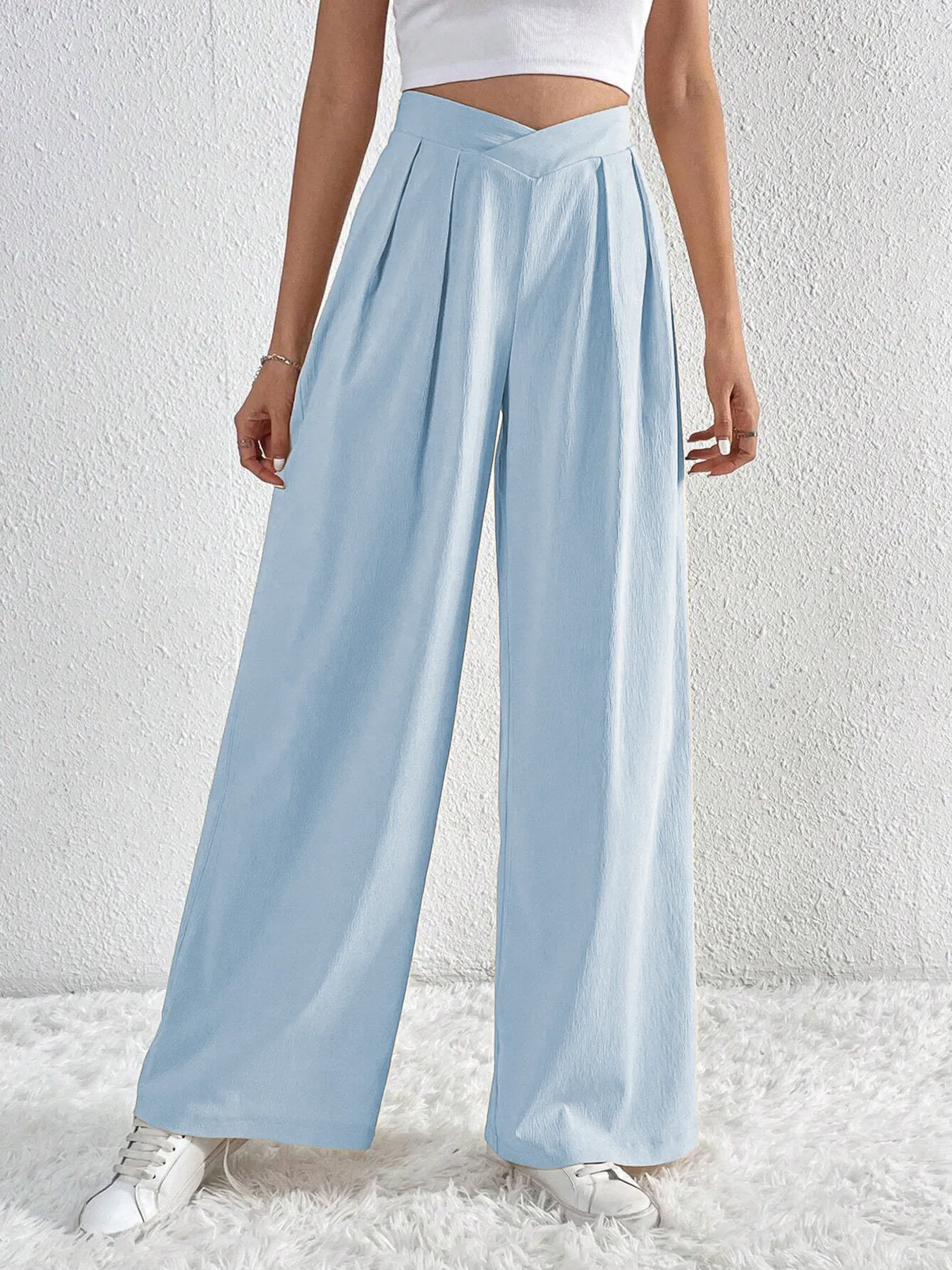 V-Waisted Ruched Front Wide Leg Pants - Image 18