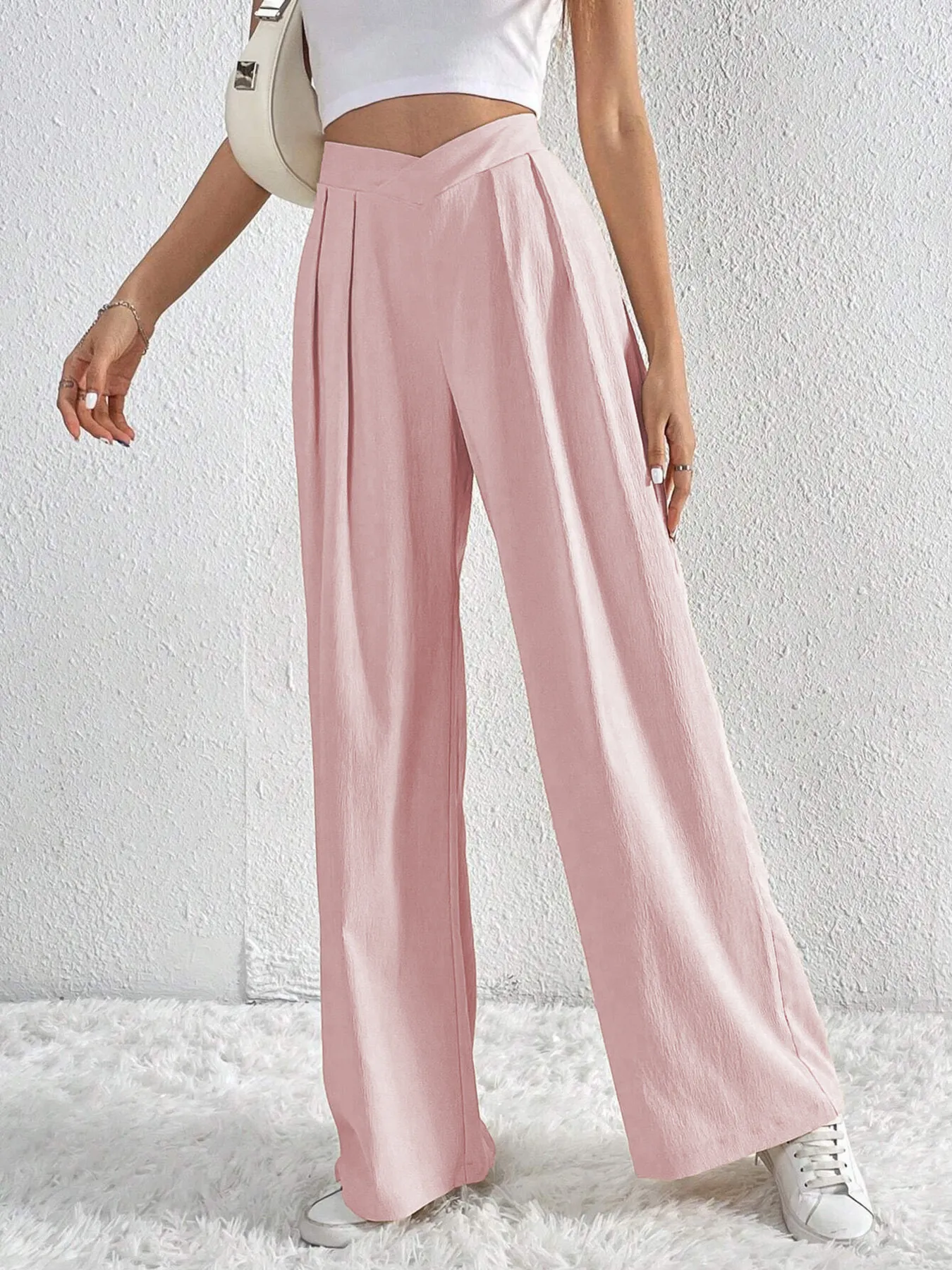 V-Waisted Ruched Front Wide Leg Pants - Image 5