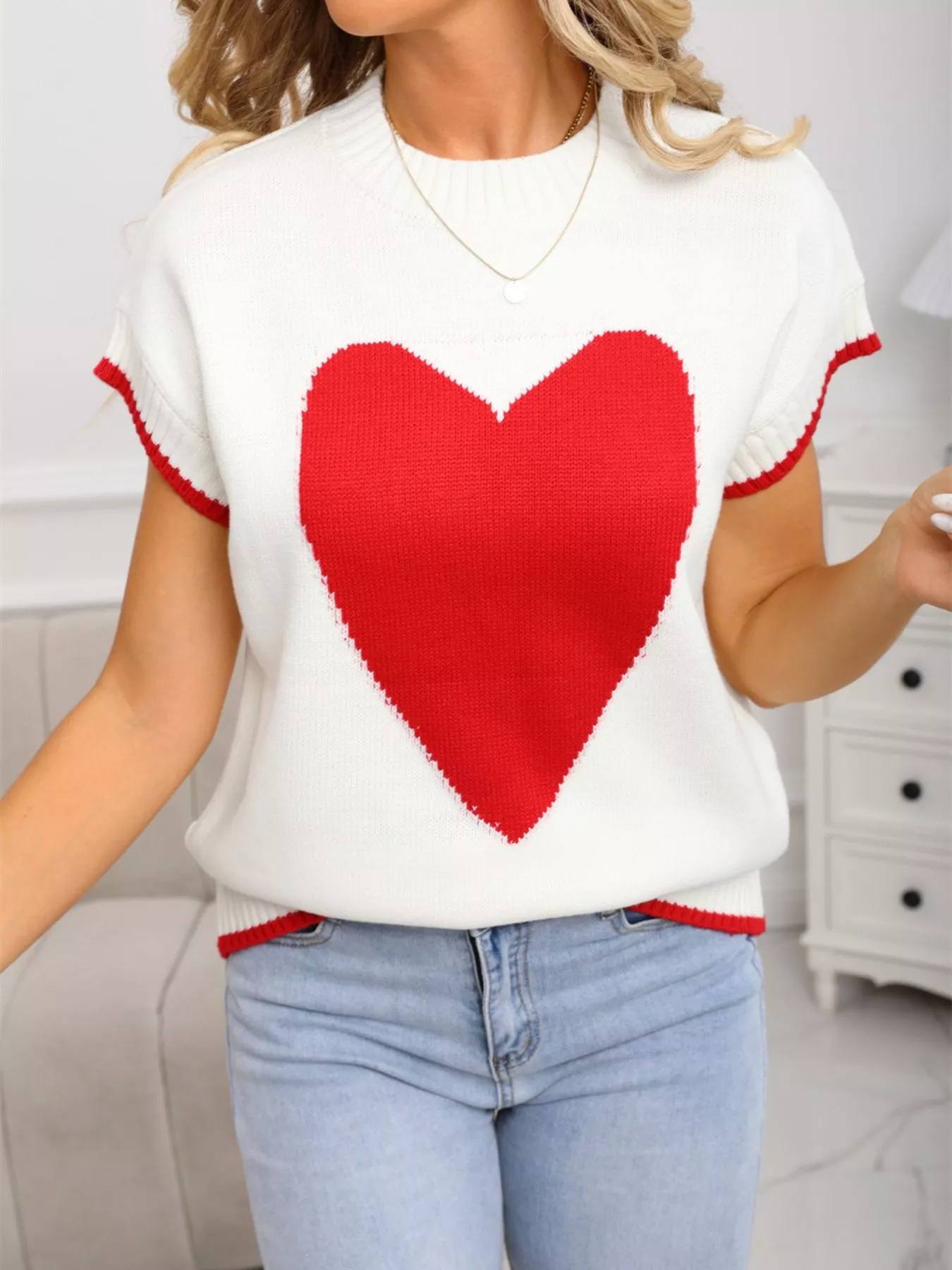 Valentine's Day Heart Graphic Short Sleeve Sweater - Image 2