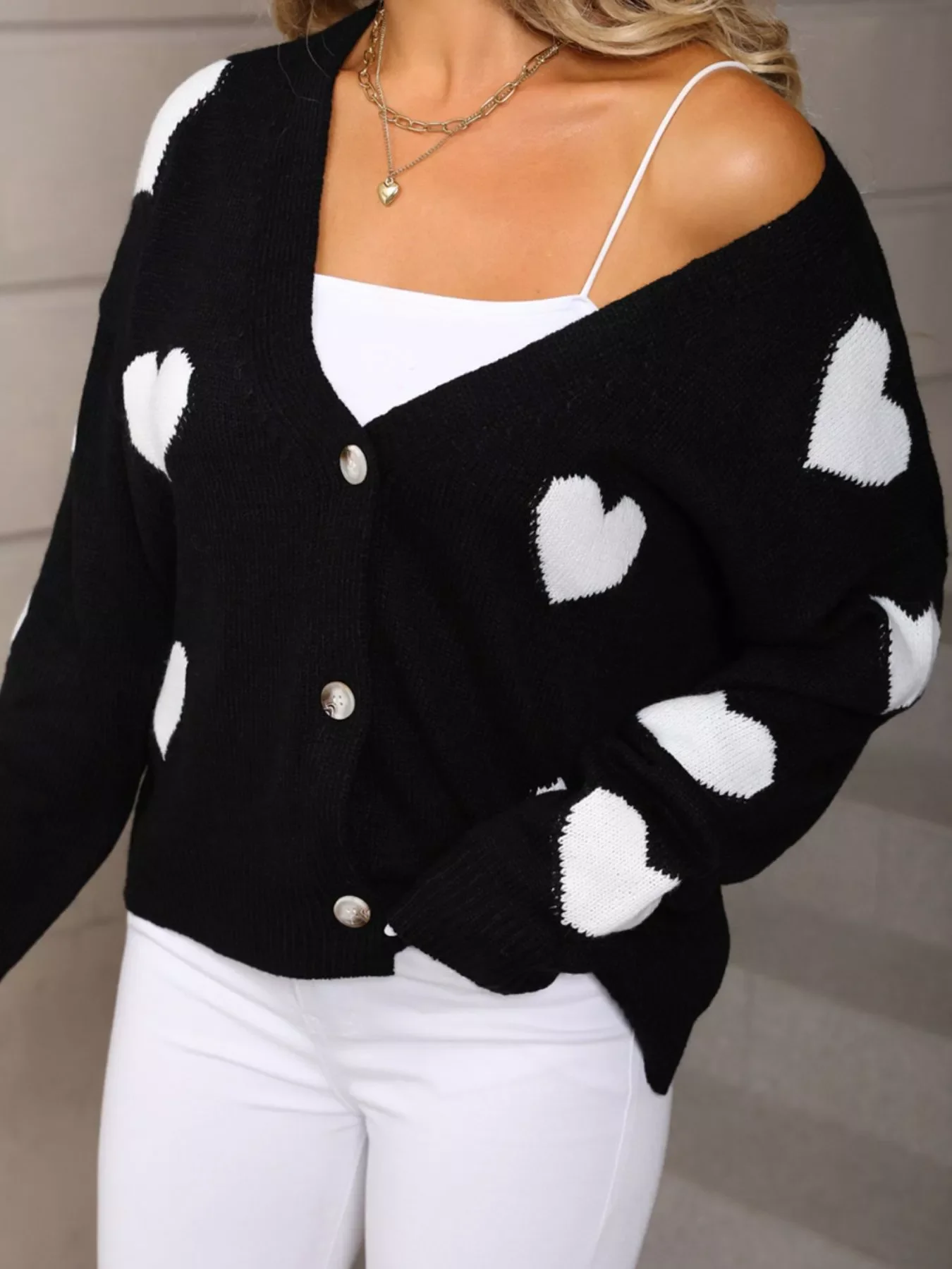 Valentine's Day Heart Pattern Button-Up Knit Cardigan - Image 7