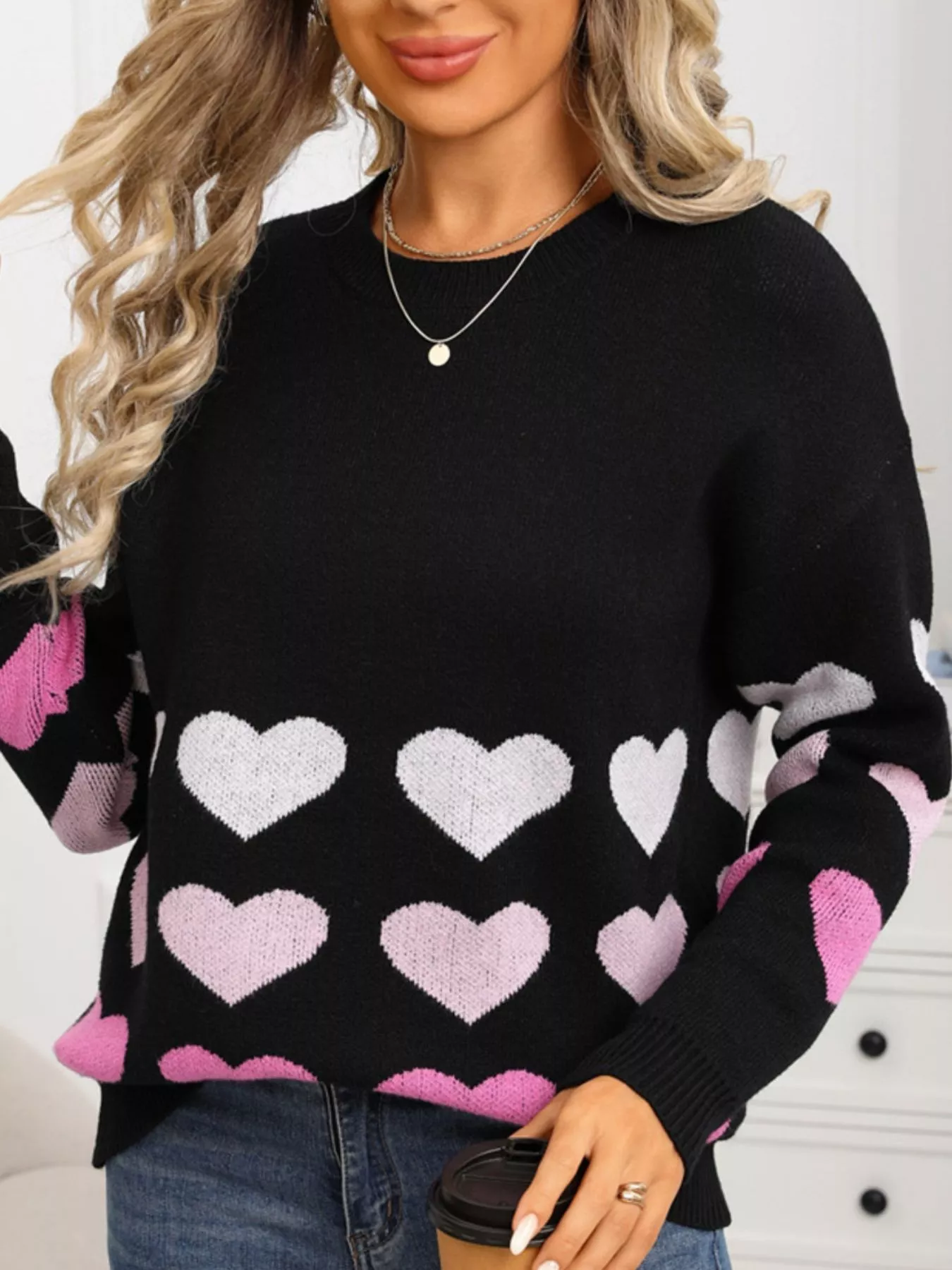Valentine's Day Heart Pattern Crew Neck Sweater - Image 16