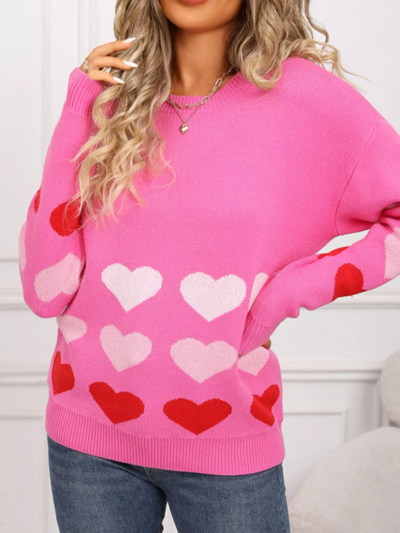 Valentine's Day Heart Pattern Crew Neck Sweater - Image 8