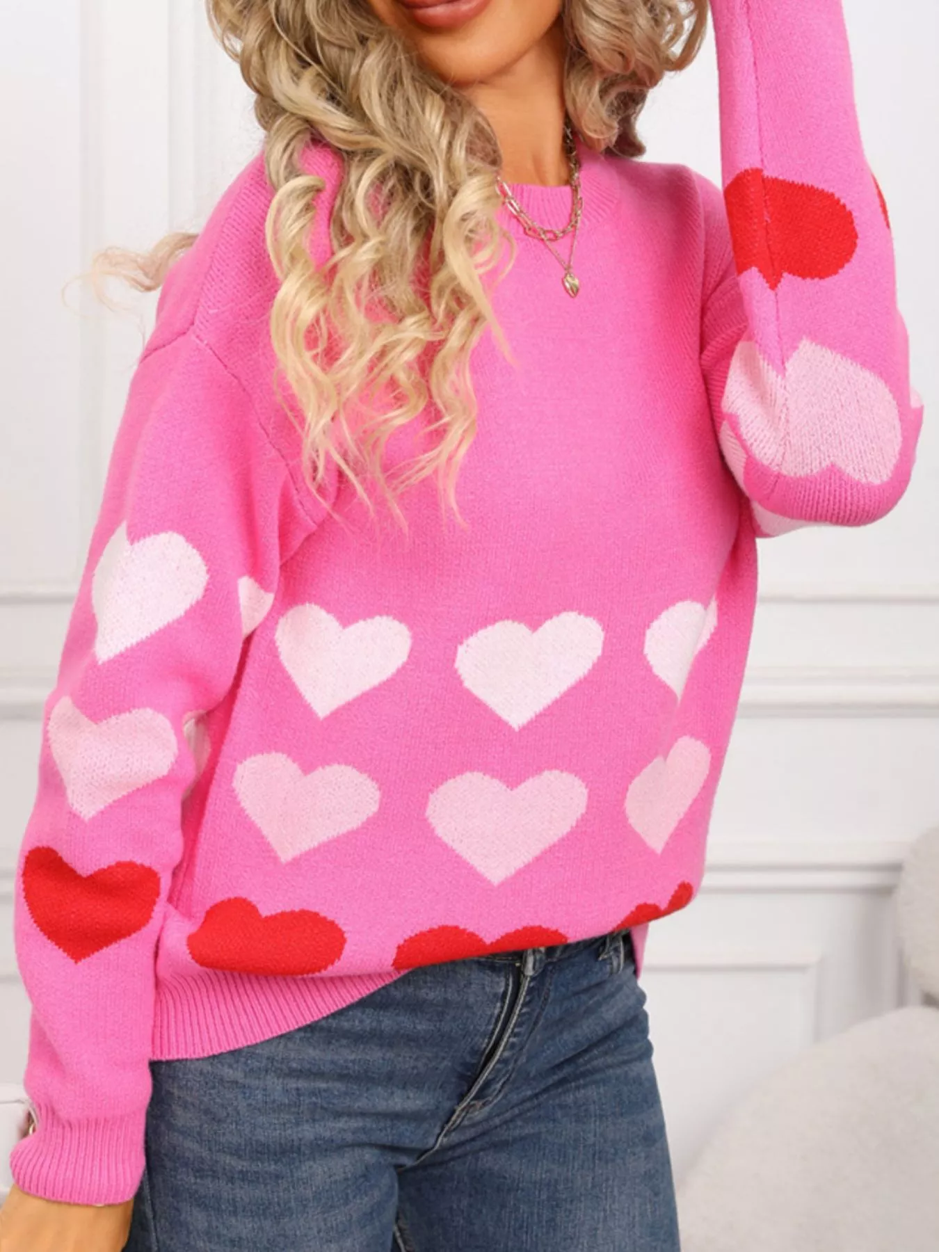 Valentine's Day Heart Pattern Crew Neck Sweater - Image 9