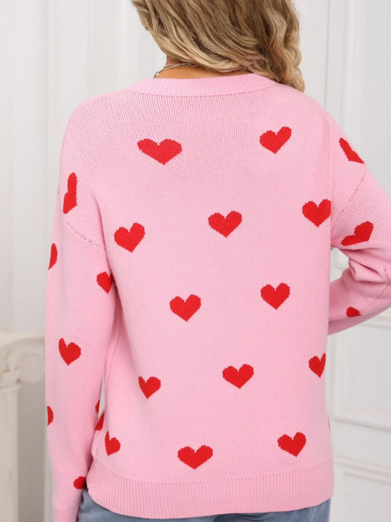 Valentine's Day Heart Pattern Dropped Shoulder Sweater - Image 10