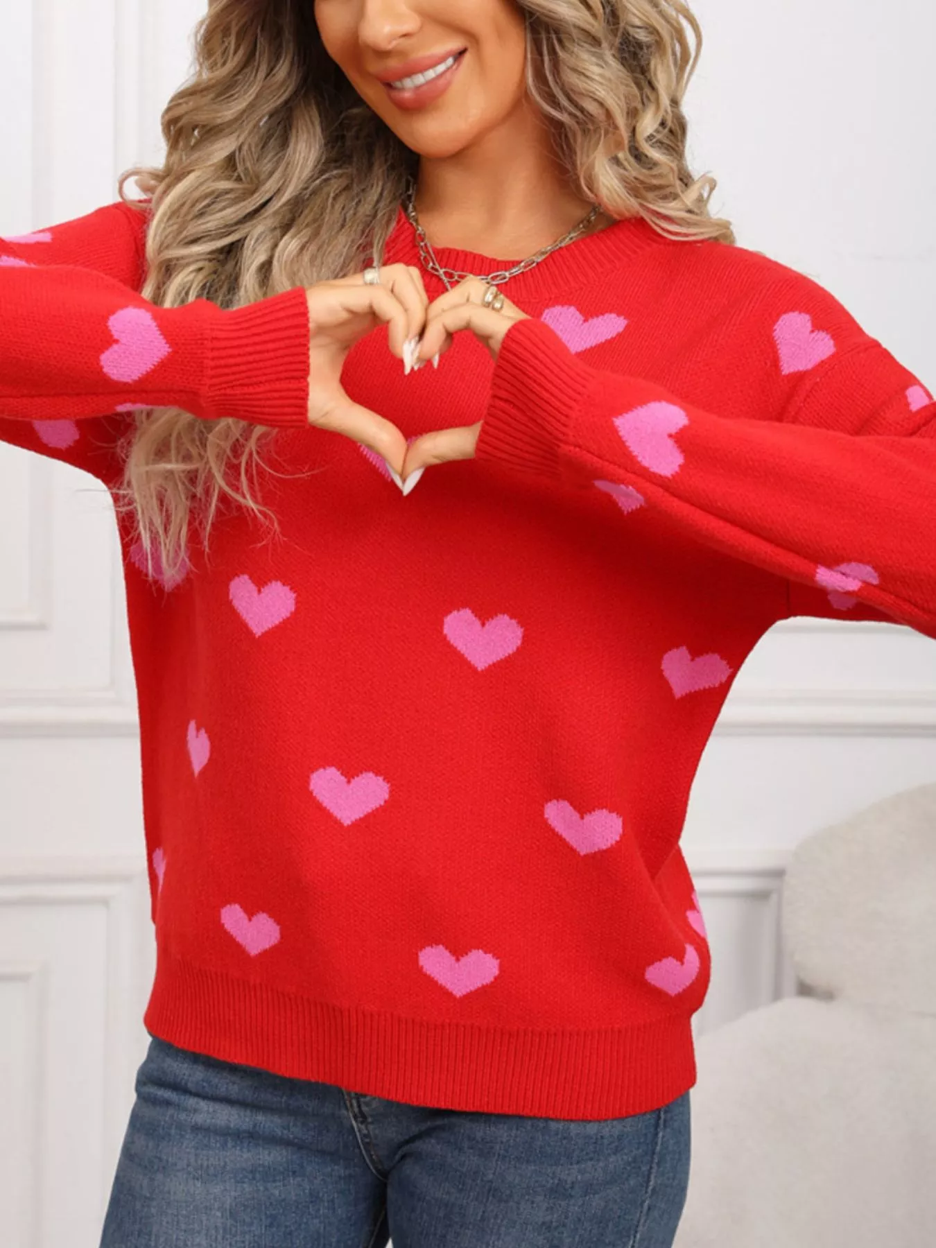 Valentine's Day Heart Pattern Dropped Shoulder Sweater - Image 12