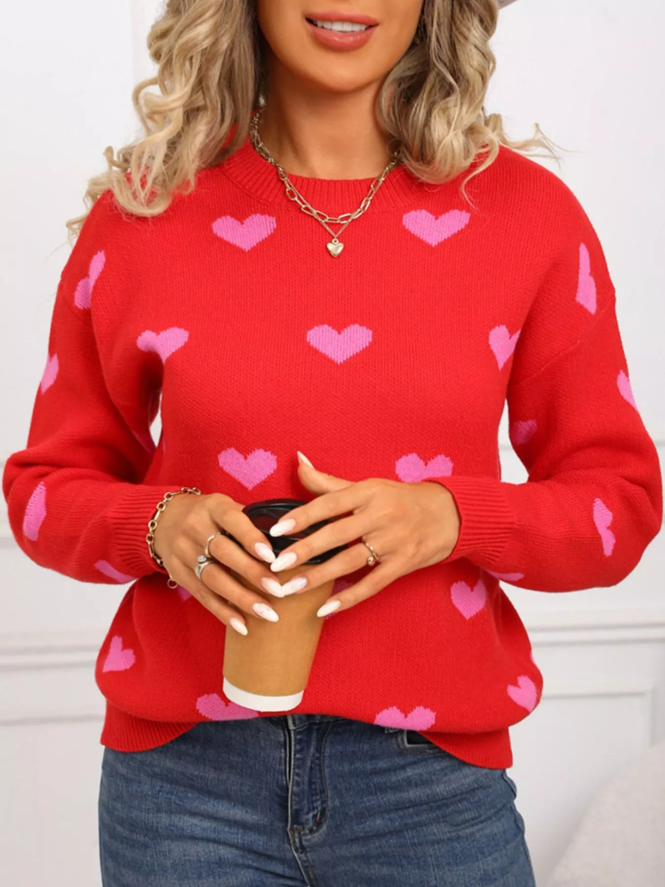 Valentine's Day Heart Pattern Dropped Shoulder Sweater - Image 13