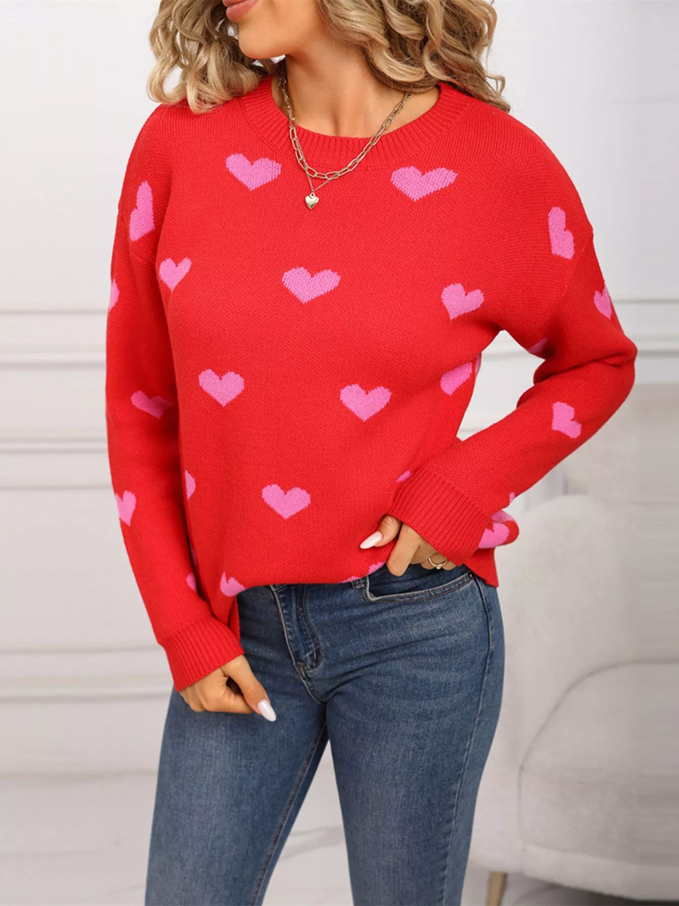 Valentine's Day Heart Pattern Dropped Shoulder Sweater - Image 16
