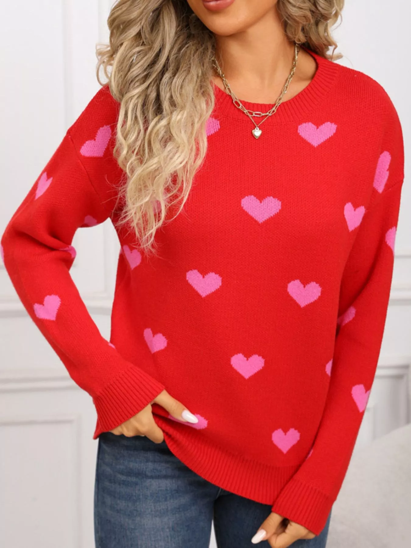 Valentine's Day Heart Pattern Dropped Shoulder Sweater - Image 17