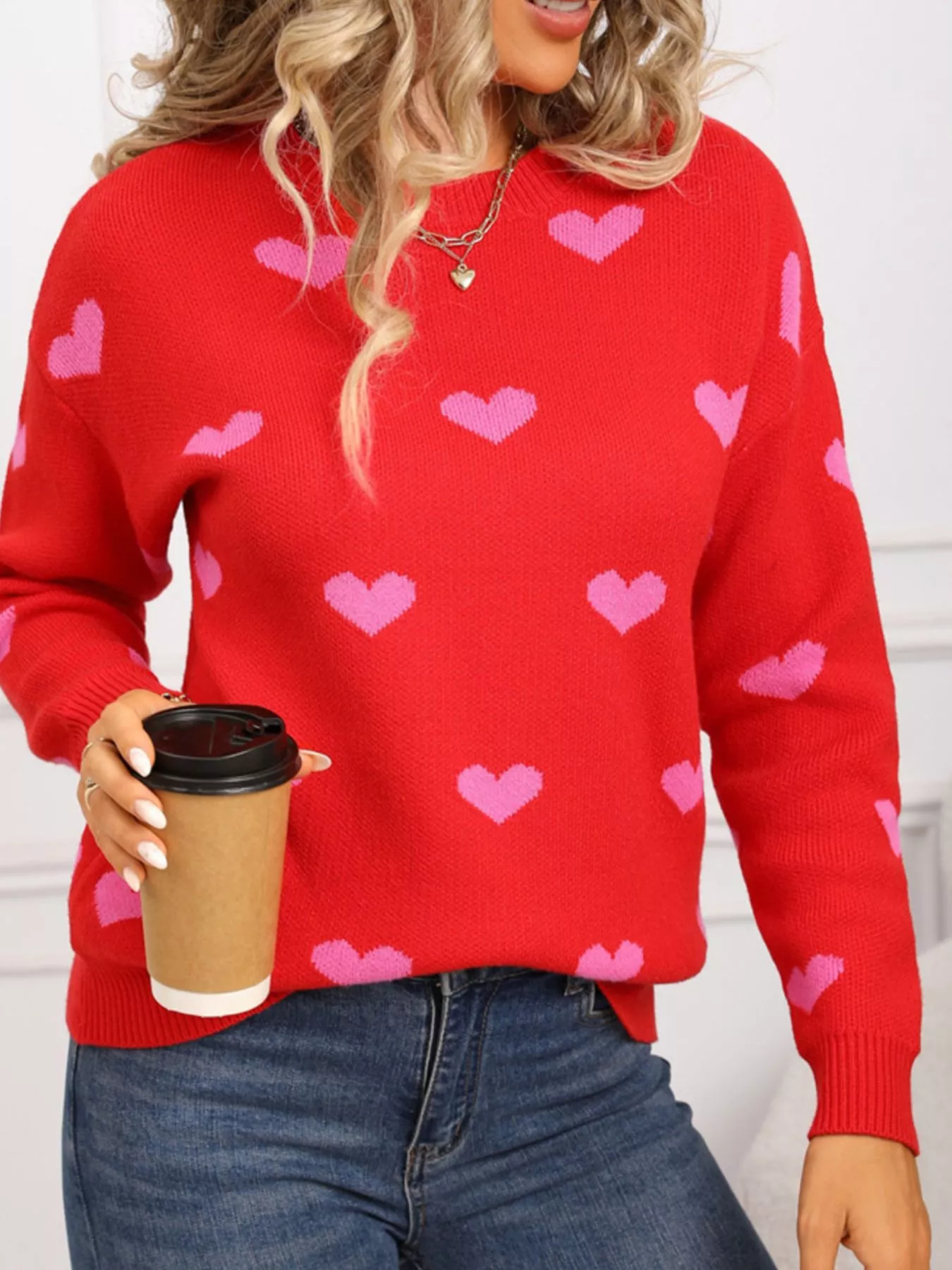 Valentine's Day Heart Pattern Dropped Shoulder Sweater - Image 18