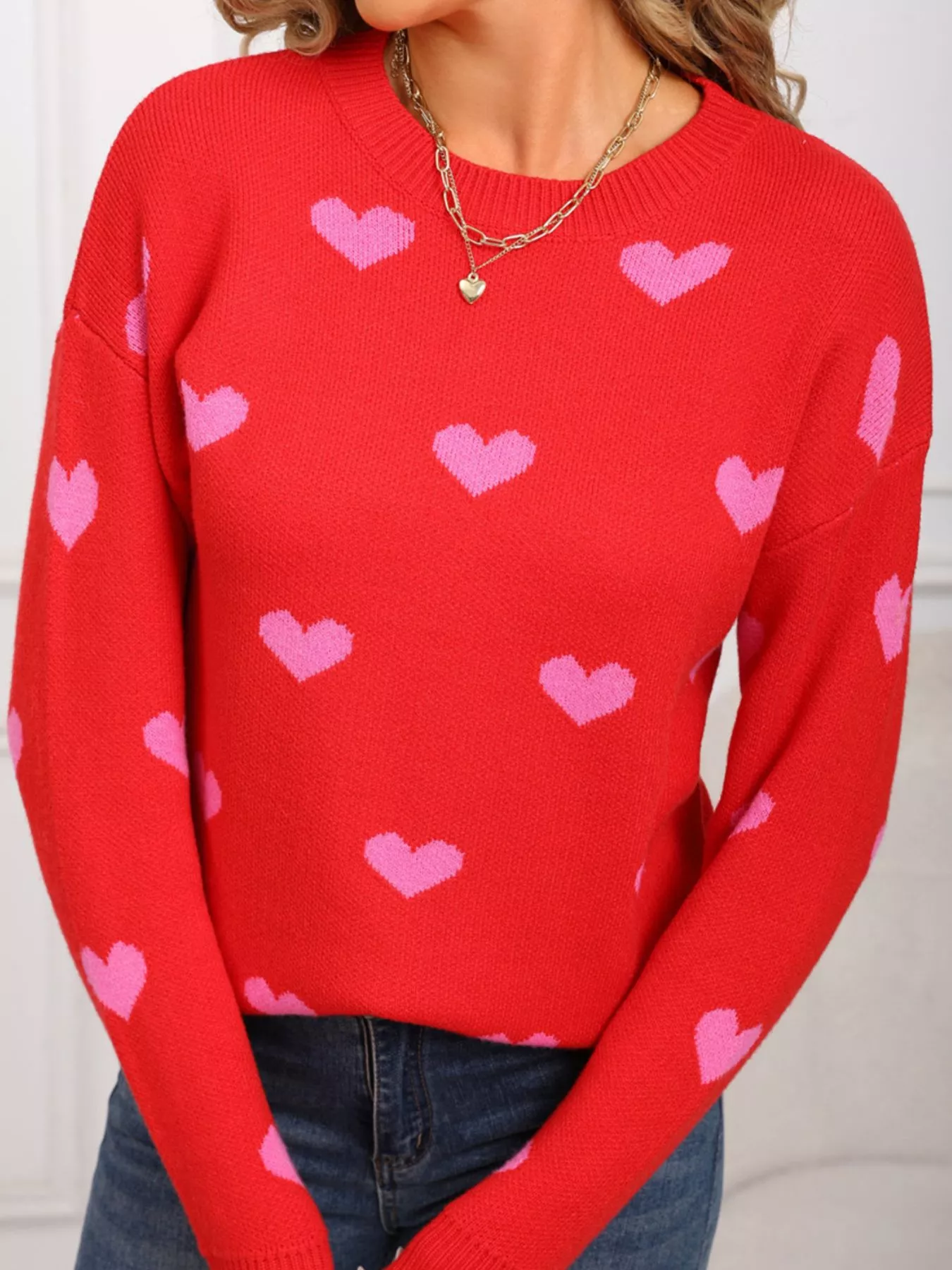 Valentine's Day Heart Pattern Dropped Shoulder Sweater - Image 19