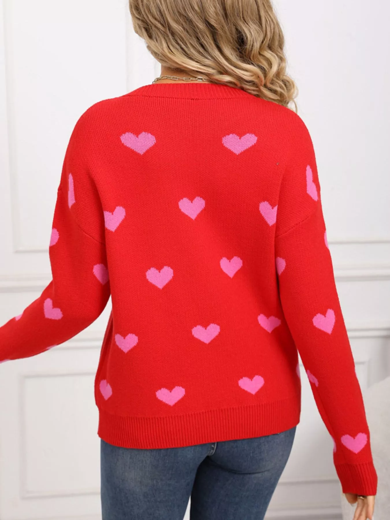 Valentine's Day Heart Pattern Dropped Shoulder Sweater - Image 20