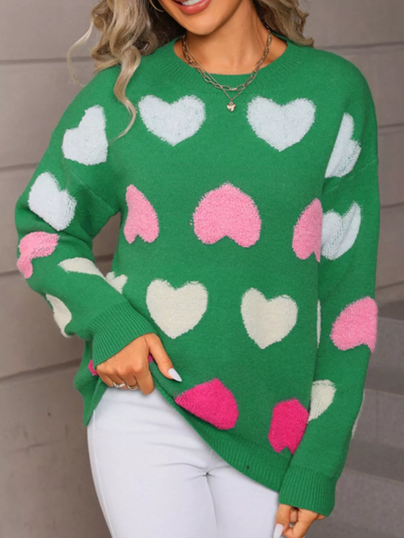 Valentine's Day Heart Pattern Fuzzy Knit Sweater - Image 10