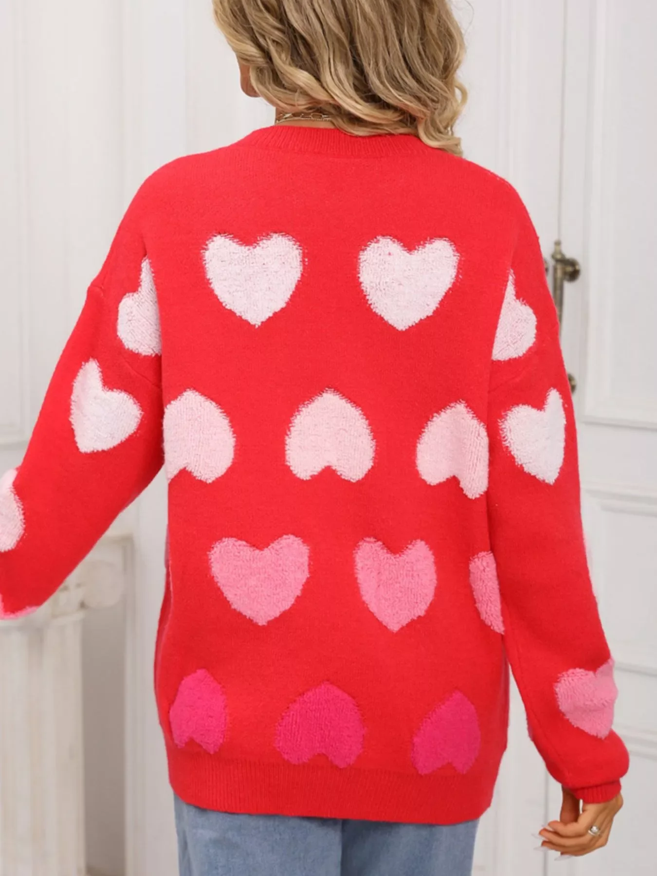 Valentine's Day Heart Pattern Fuzzy Knit Sweater - Image 17