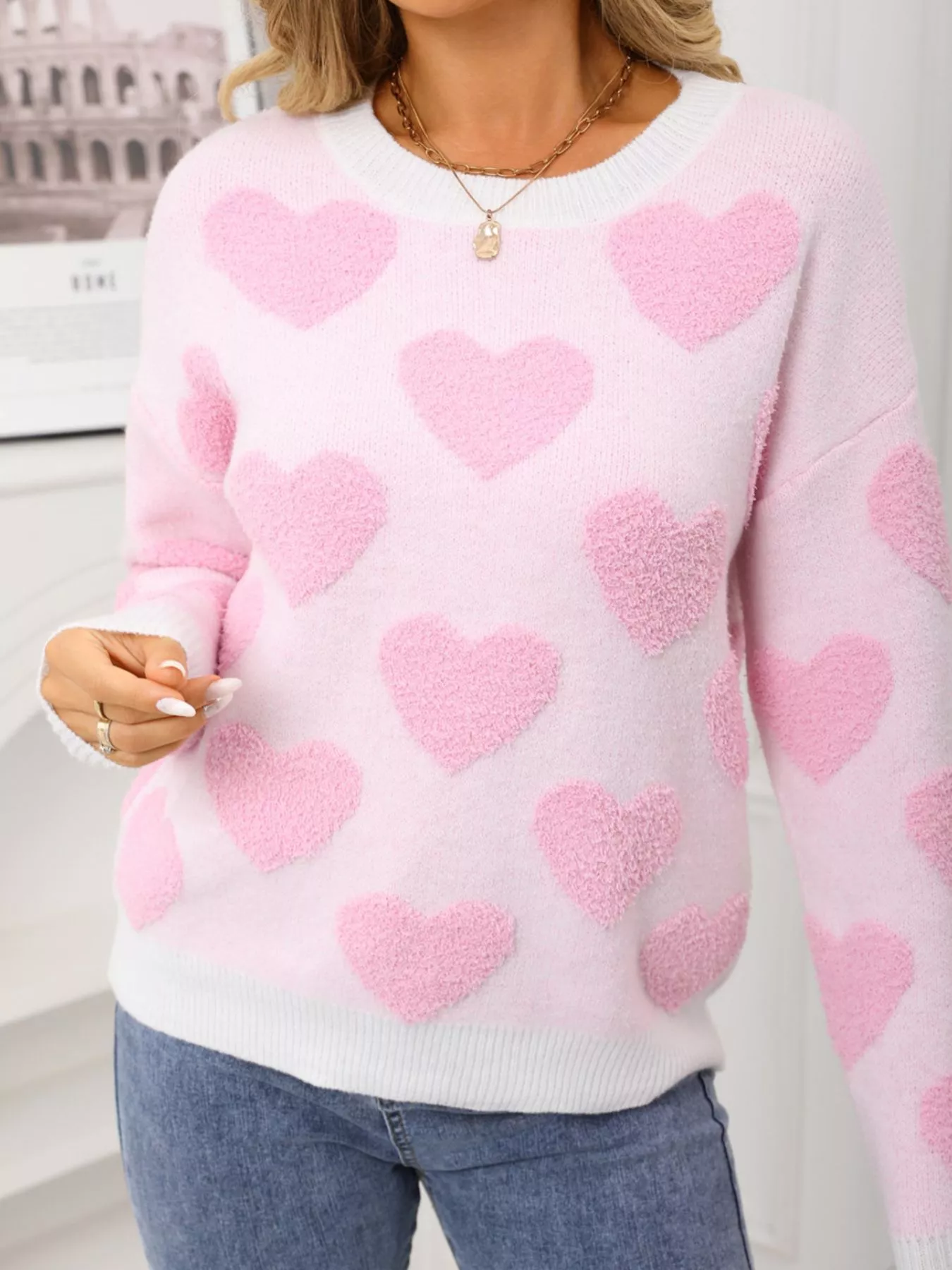 Valentine's Day Heart Pattern Round Neck Sweater - Image 4