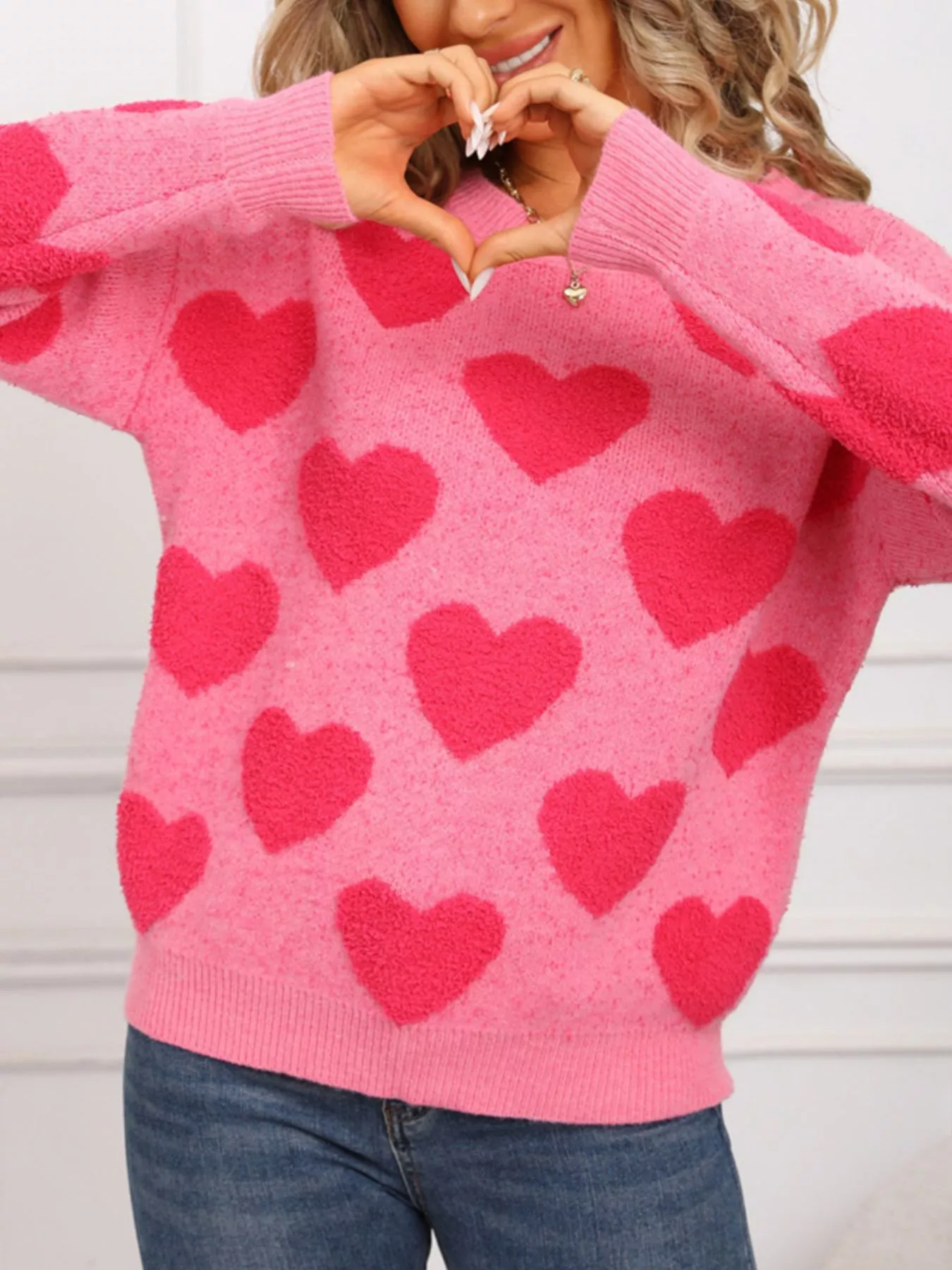 Valentine's Day Heart Pattern Round Neck Sweater - Image 7