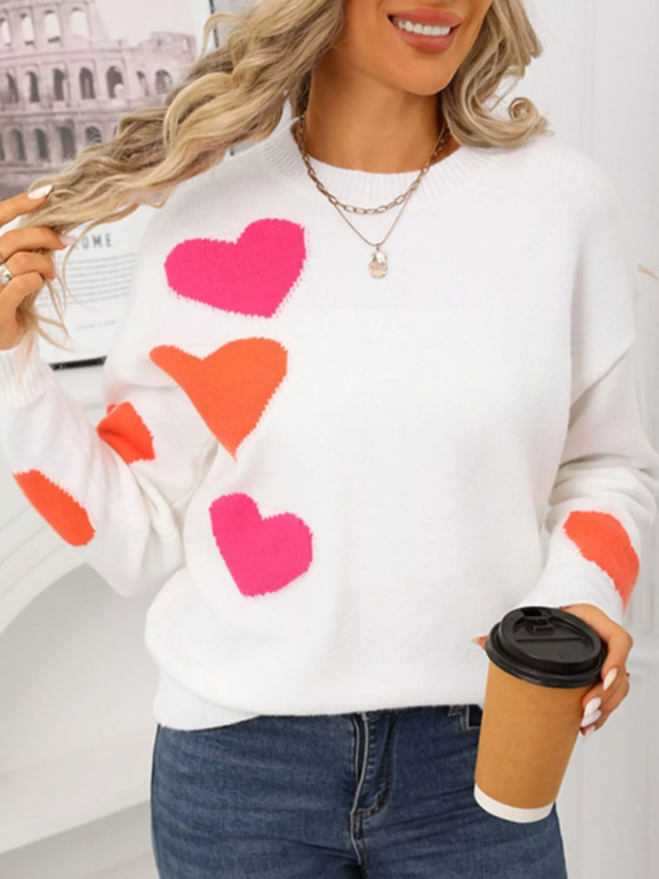 Valentine's Day Heart Pattern Round Neck Sweater - Image 10