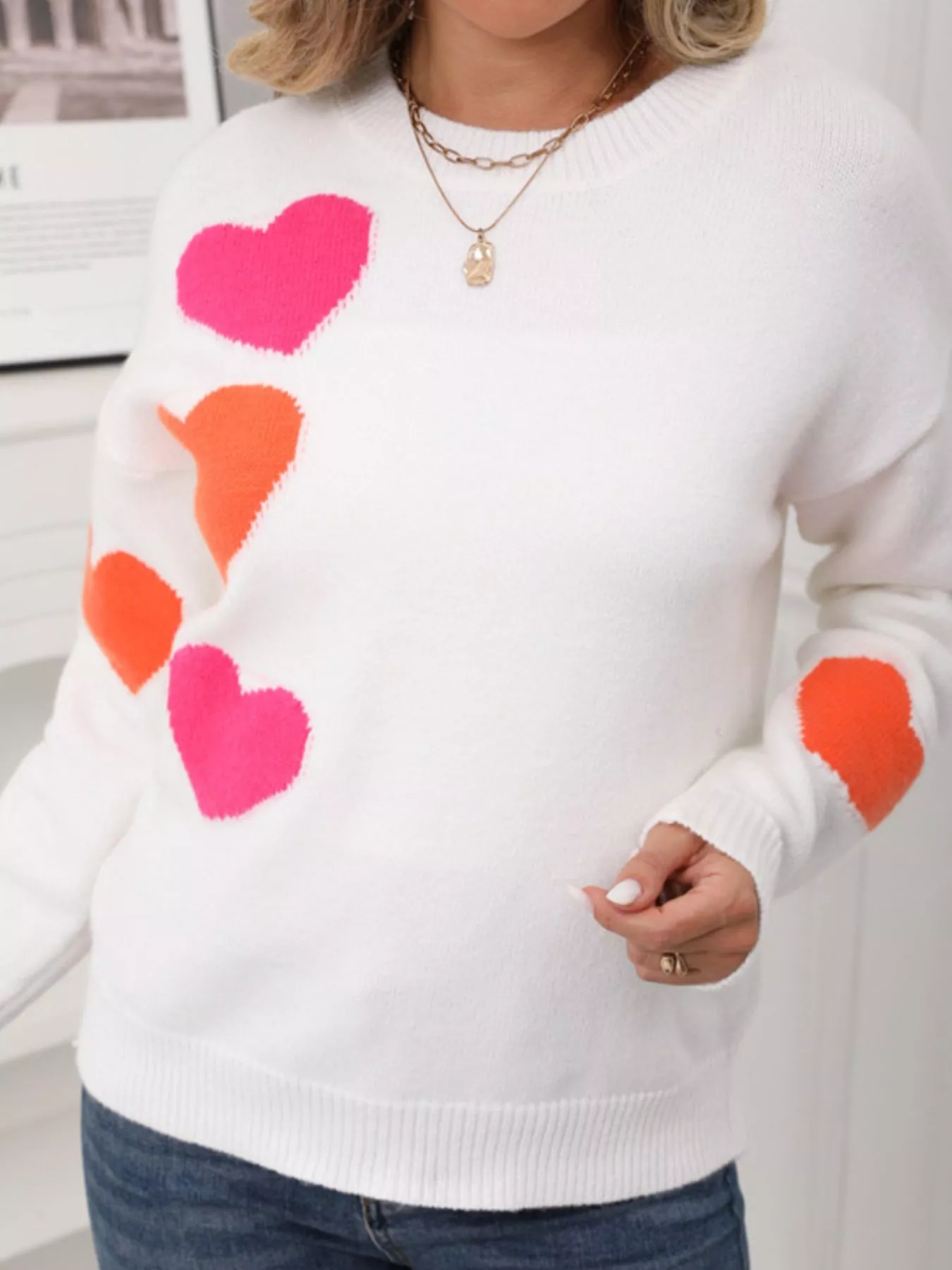 Valentine's Day Heart Pattern Round Neck Sweater - Image 11