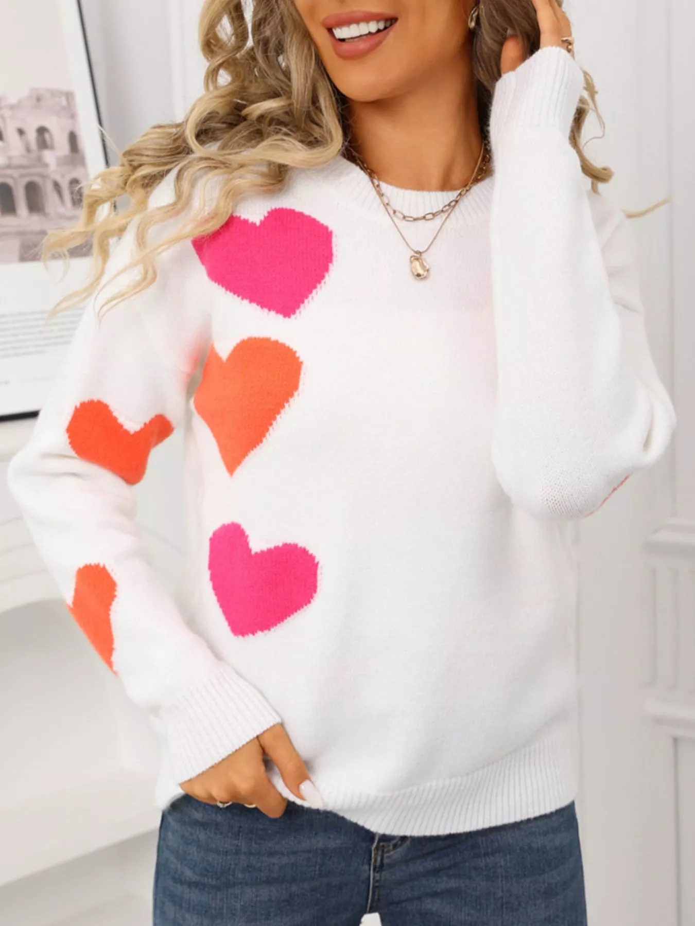 Valentine's Day Heart Pattern Round Neck Sweater - Image 12