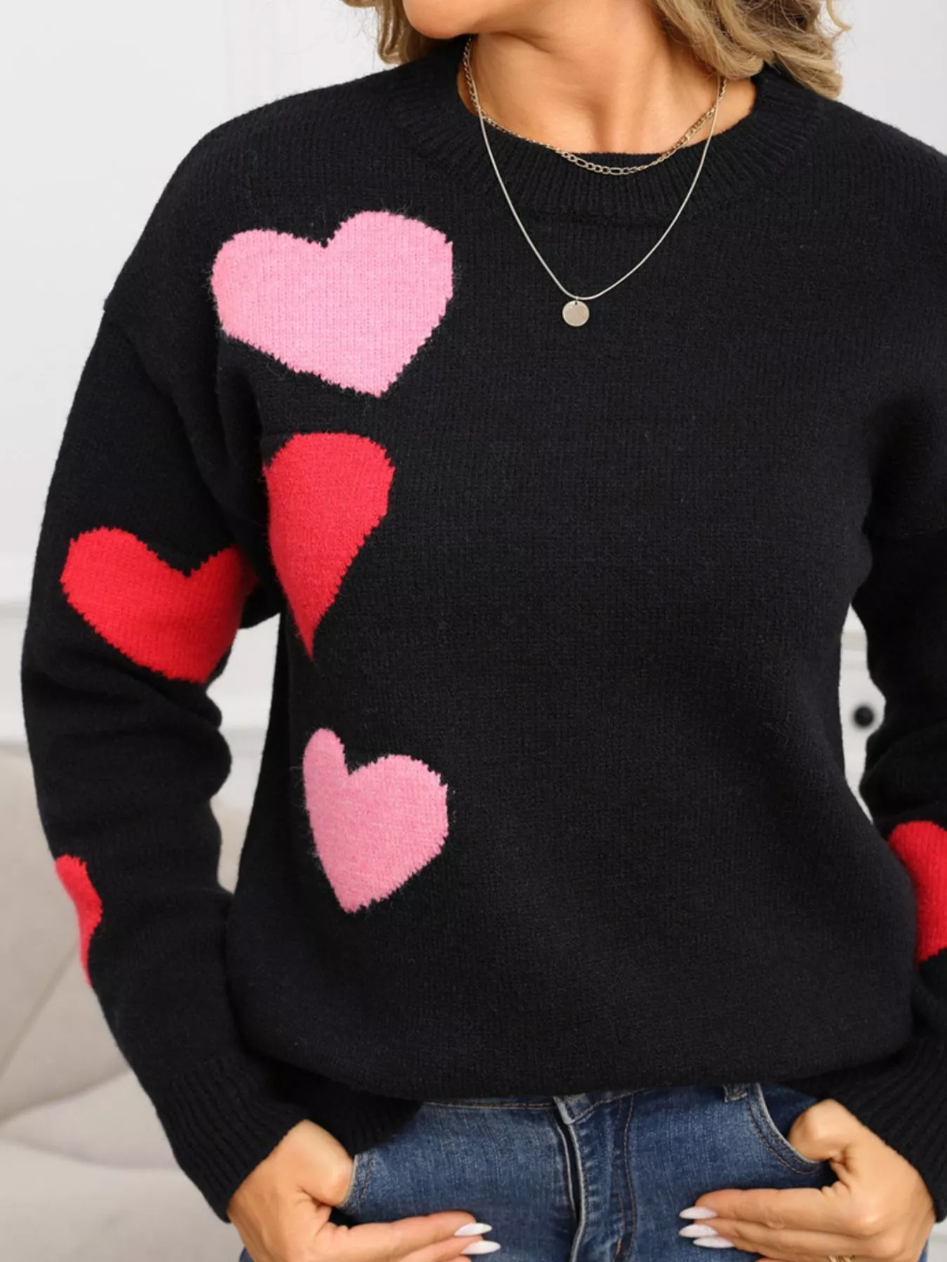 Valentine's Day Heart Pattern Round Neck Sweater - Image 5