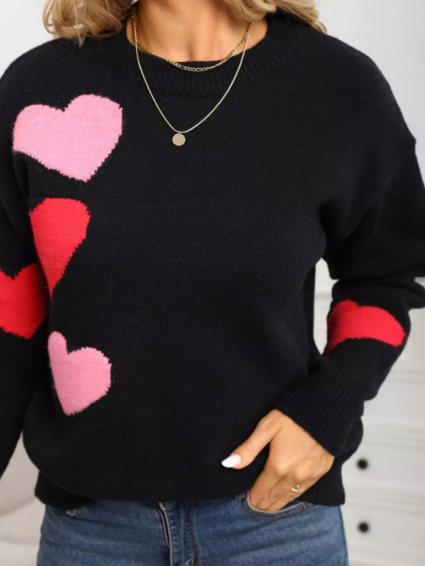 Valentine's Day Heart Pattern Round Neck Sweater - Image 6