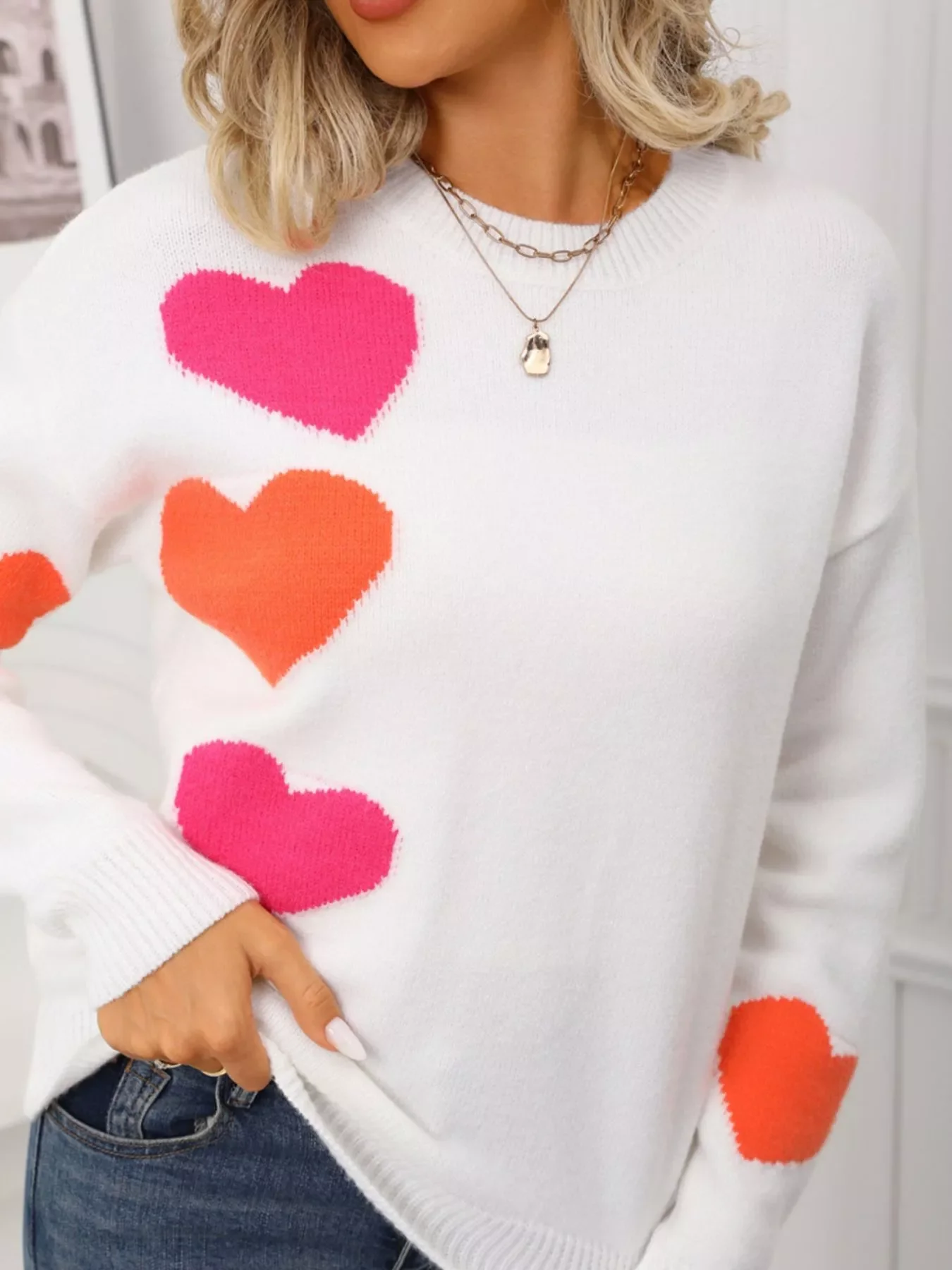 Valentine's Day Heart Pattern Round Neck Sweater - Image 8