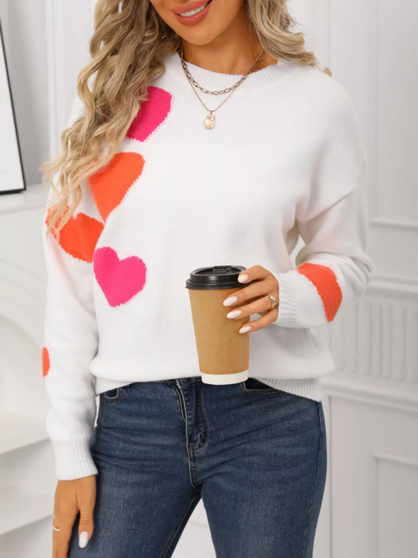 Valentine's Day Heart Pattern Round Neck Sweater - Image 9