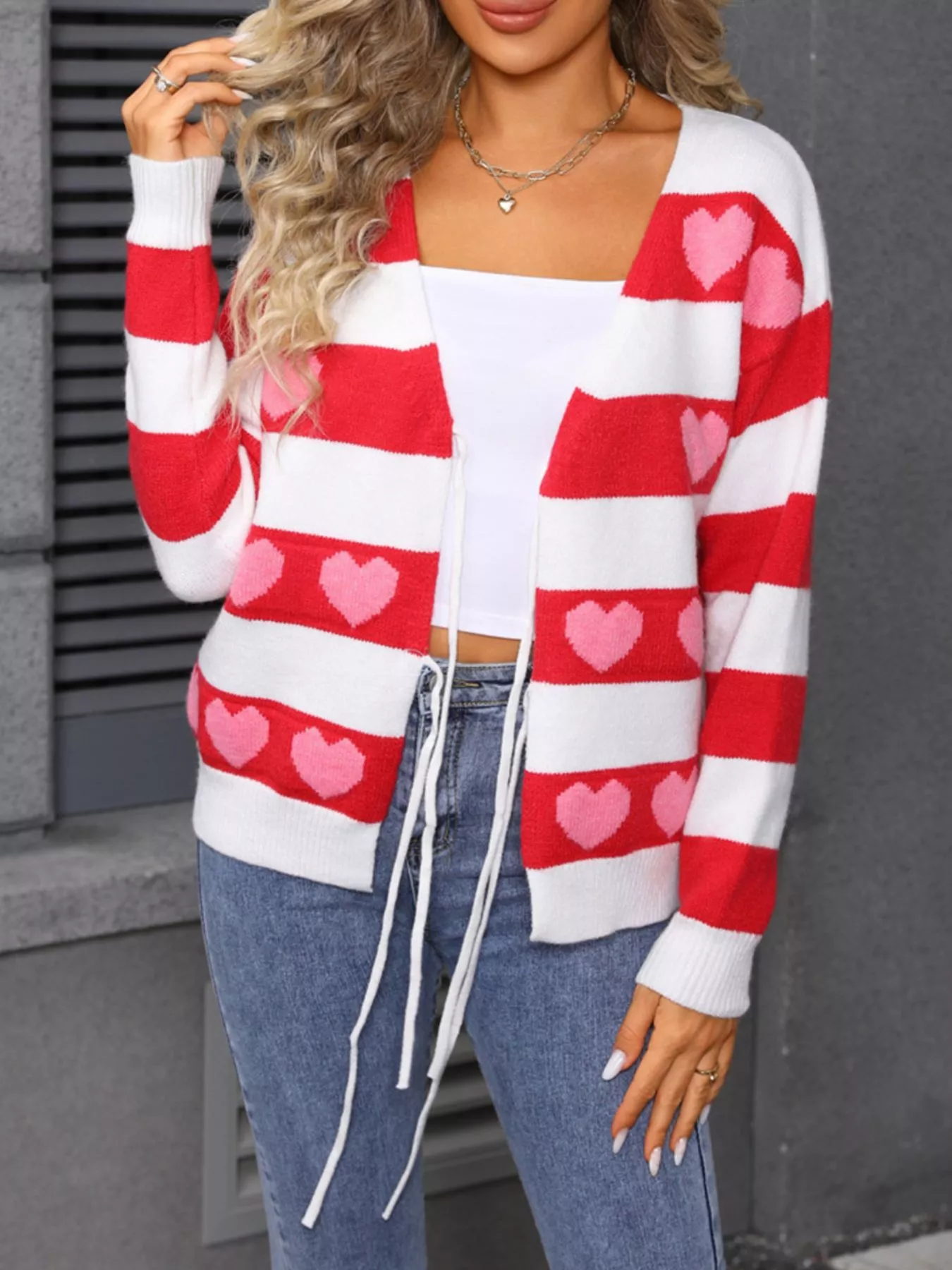 Valentine's Day Heart Pattern Striped Tie Front Cardigan - Image 5