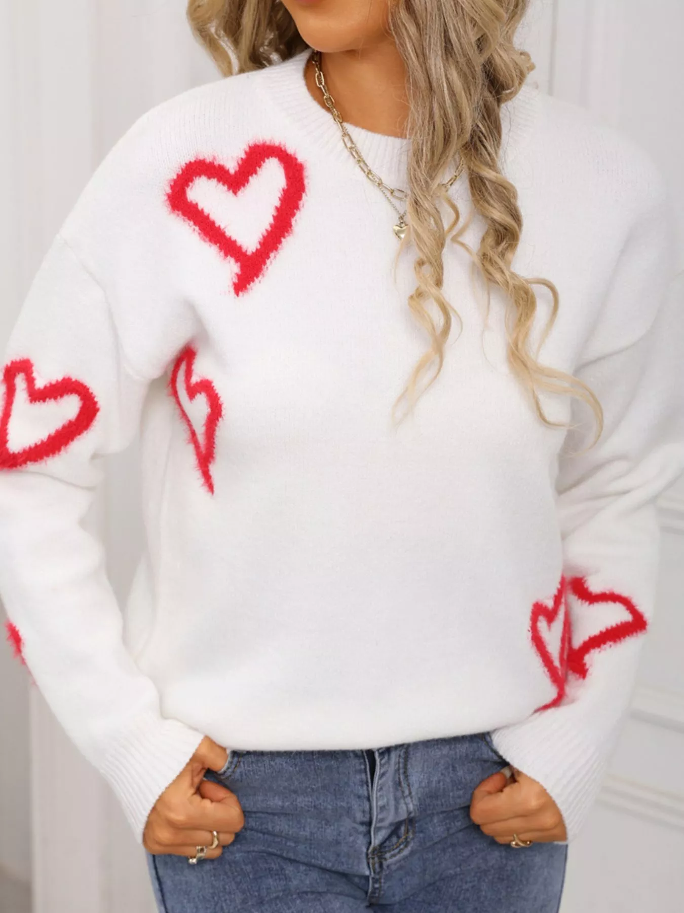 Valentine's Day Heart Print Crew Neck Sweater - Image 10