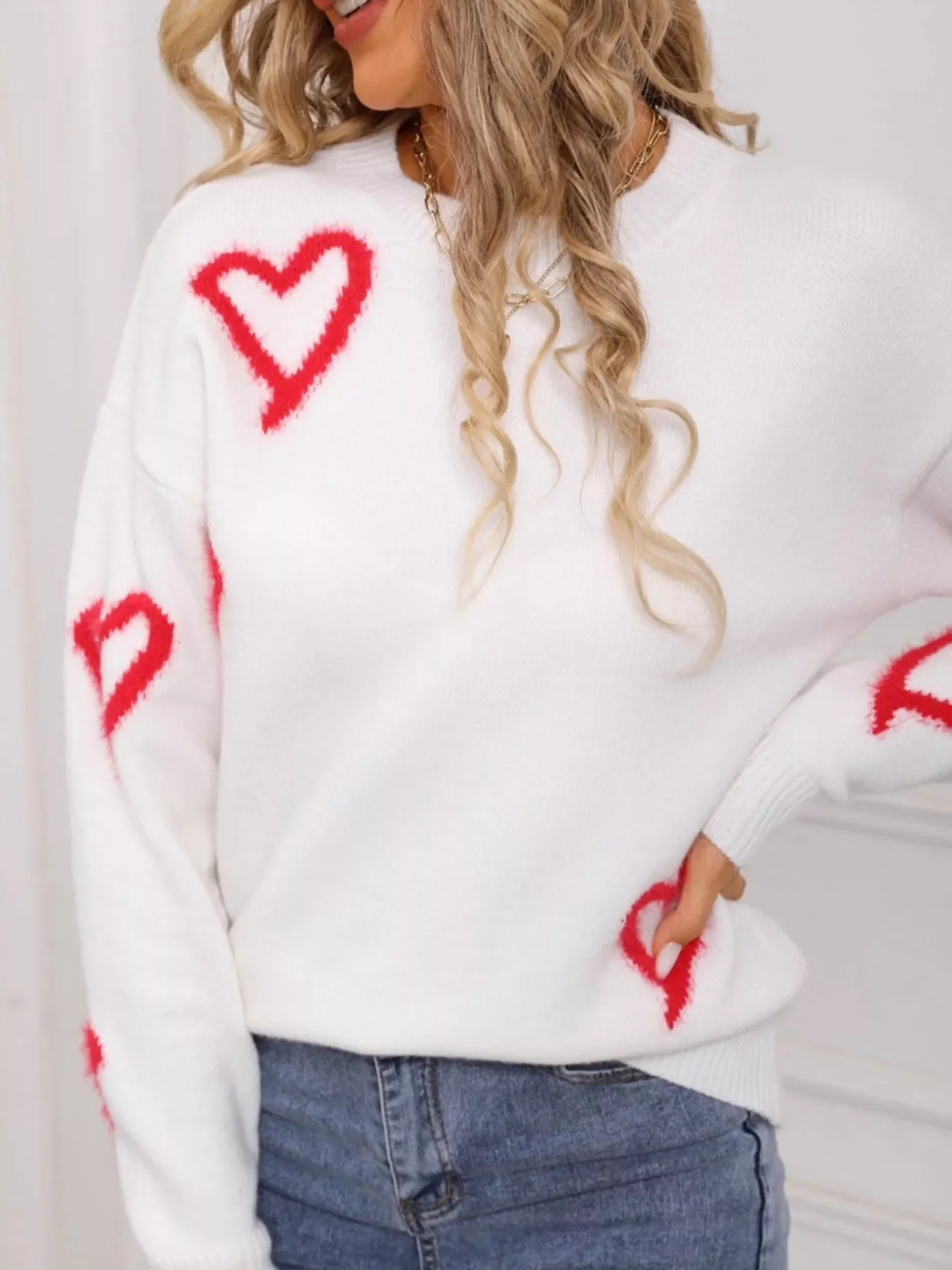 Valentine's Day Heart Print Crew Neck Sweater - Image 11