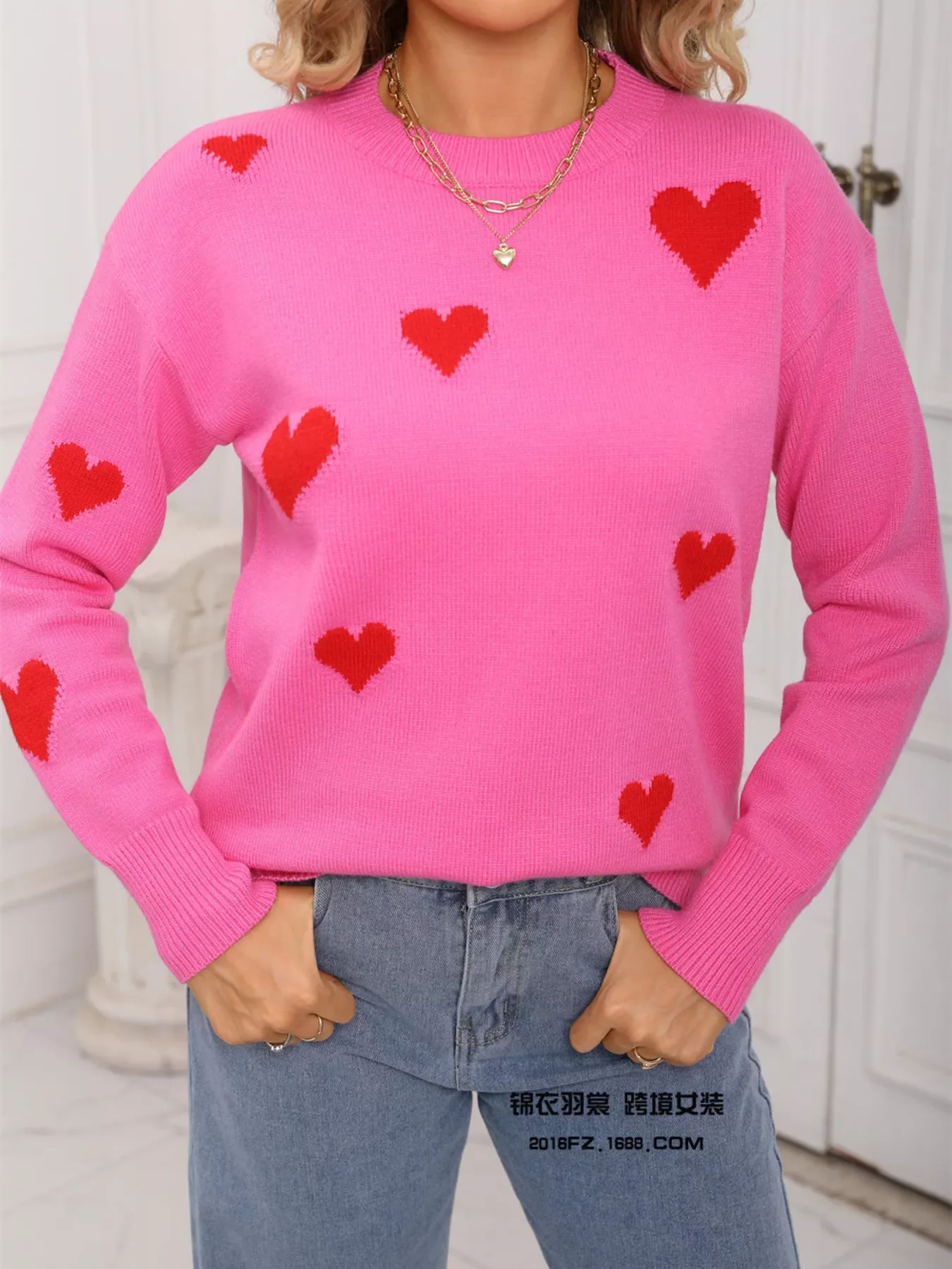 Valentine's Day Heart Print Round Neck Sweater - Image 8
