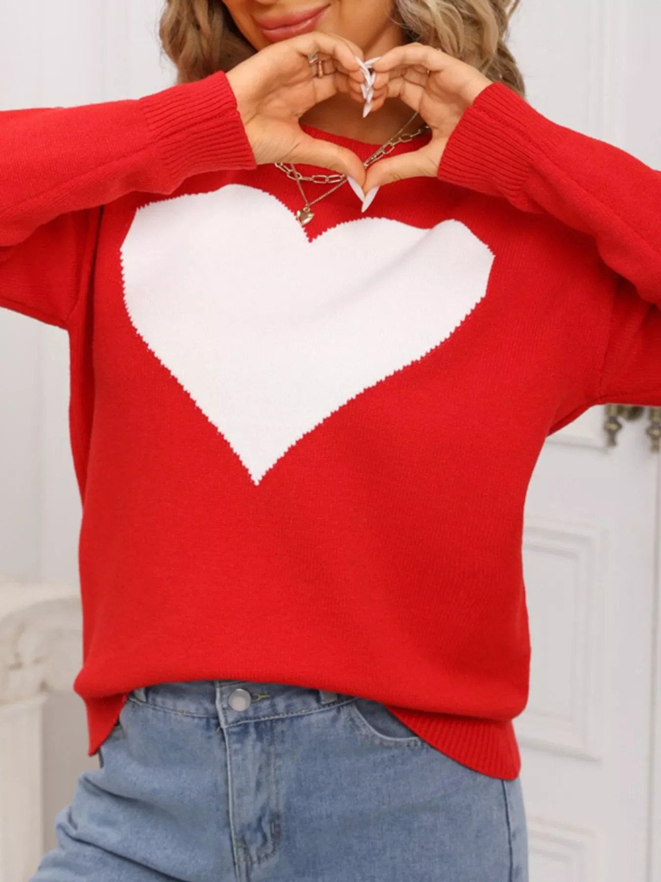 Valentine's Day Heart Round Neck Dropped Shoulder Sweater - Image 11