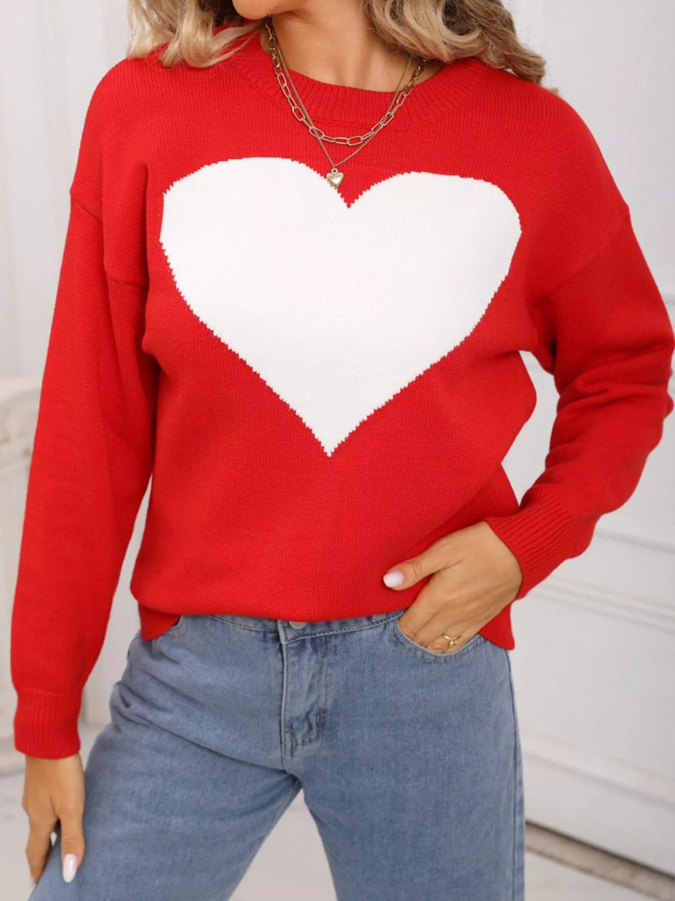 Valentine's Day Heart Round Neck Dropped Shoulder Sweater - Image 12