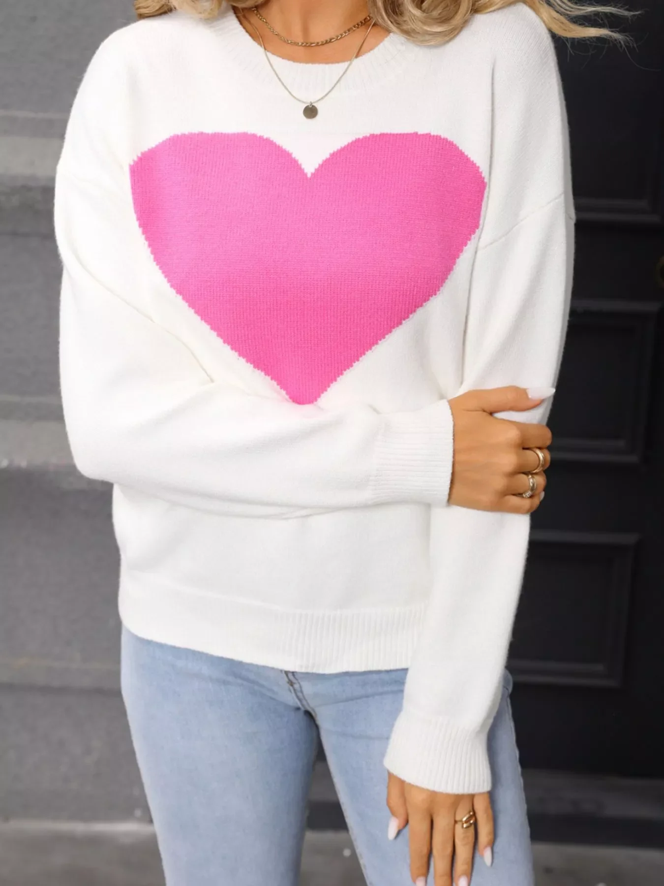 Valentine's Day Heart Round Neck Dropped Shoulder Sweater - Image 2