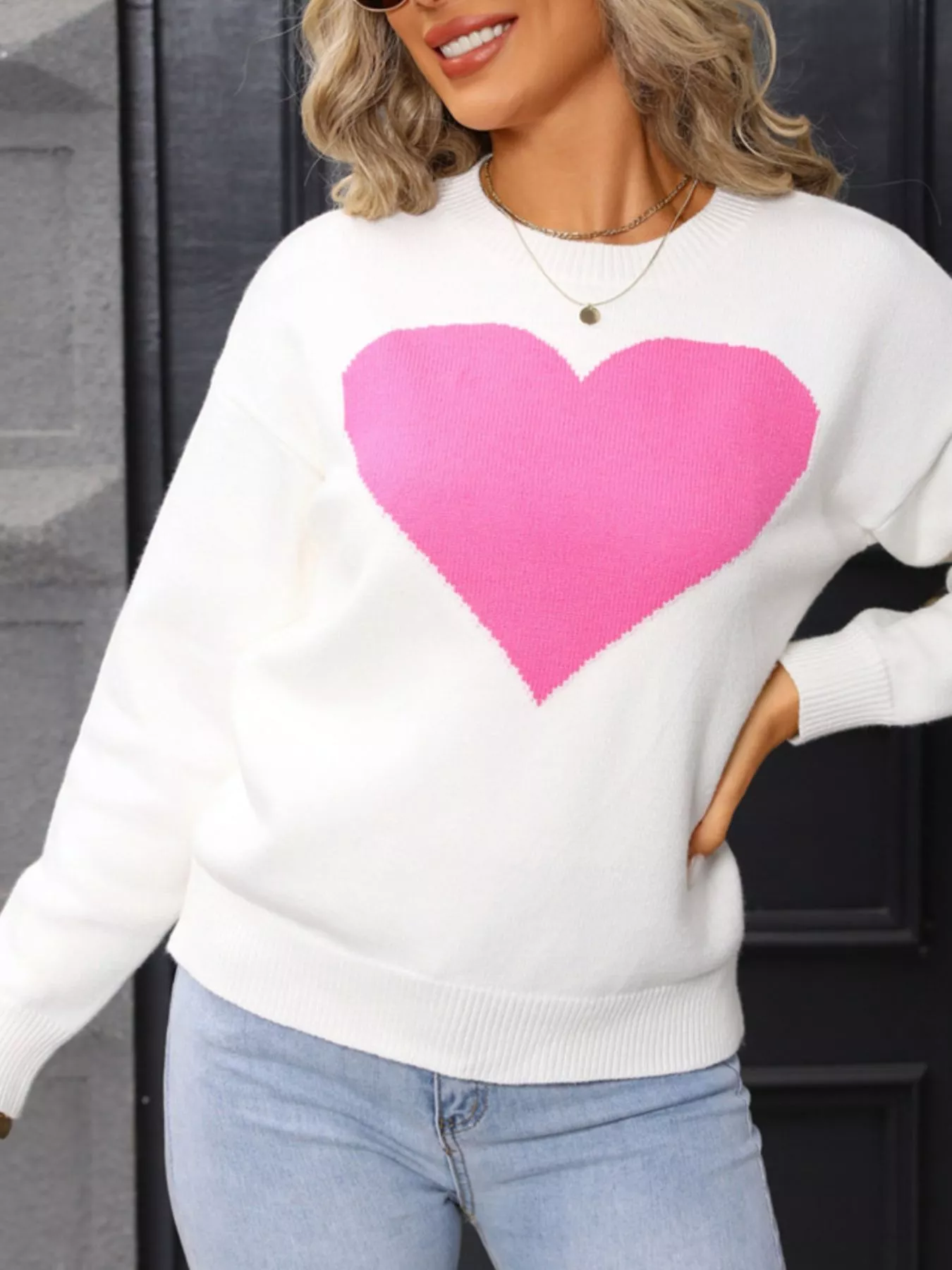 Valentine's Day Heart Round Neck Dropped Shoulder Sweater - Image 5